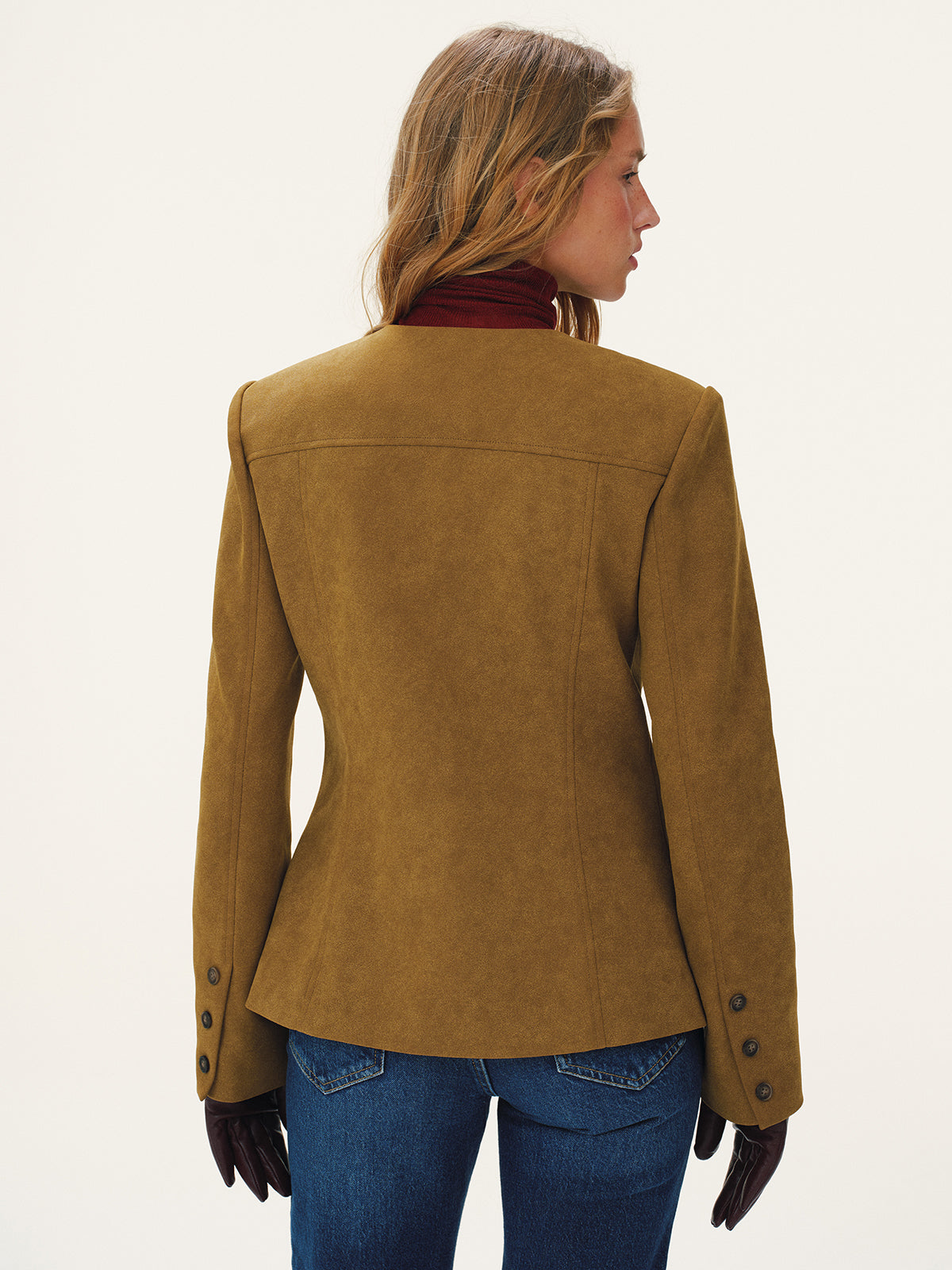 Button-Front Suede-Effect Blazer-Chicvia