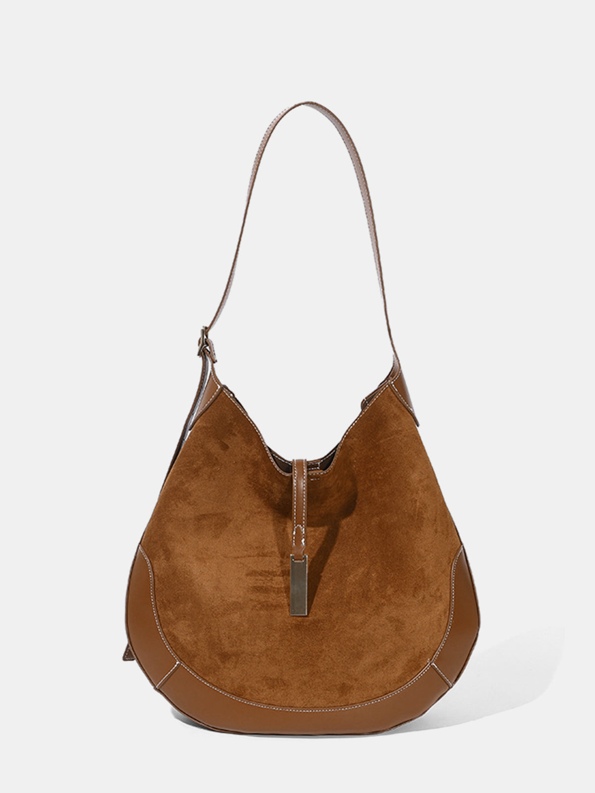 Faux Leather Trim Suede Effect Hobo Bag-Chicvia