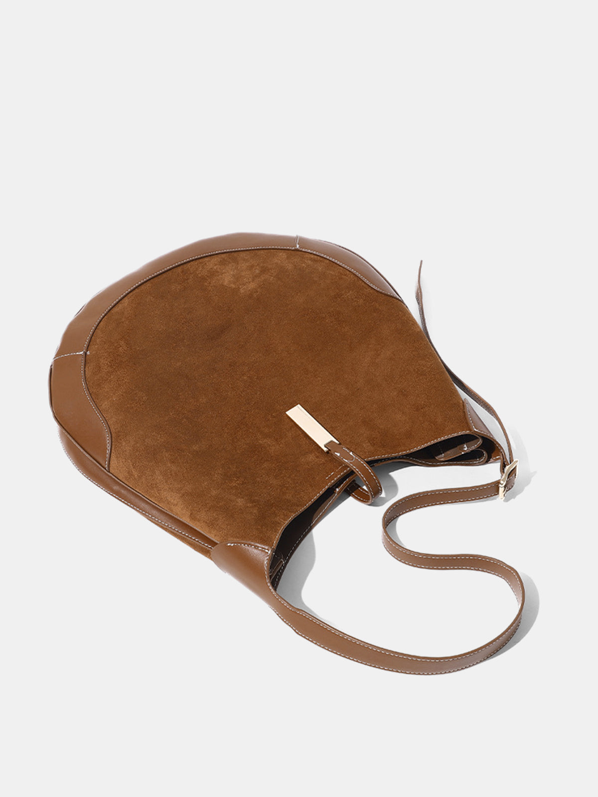 Faux Leather Trim Suede Effect Hobo Bag-Chicvia