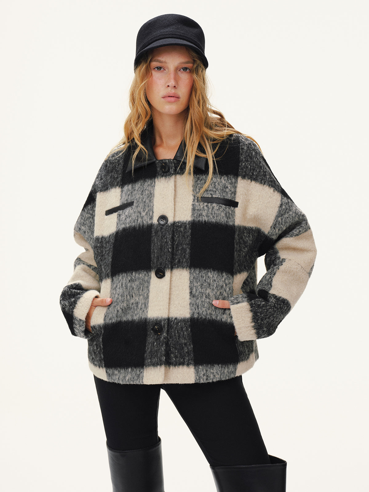 Faux Leather Collar Plaid Faux Cashmere Coat-Chicvia