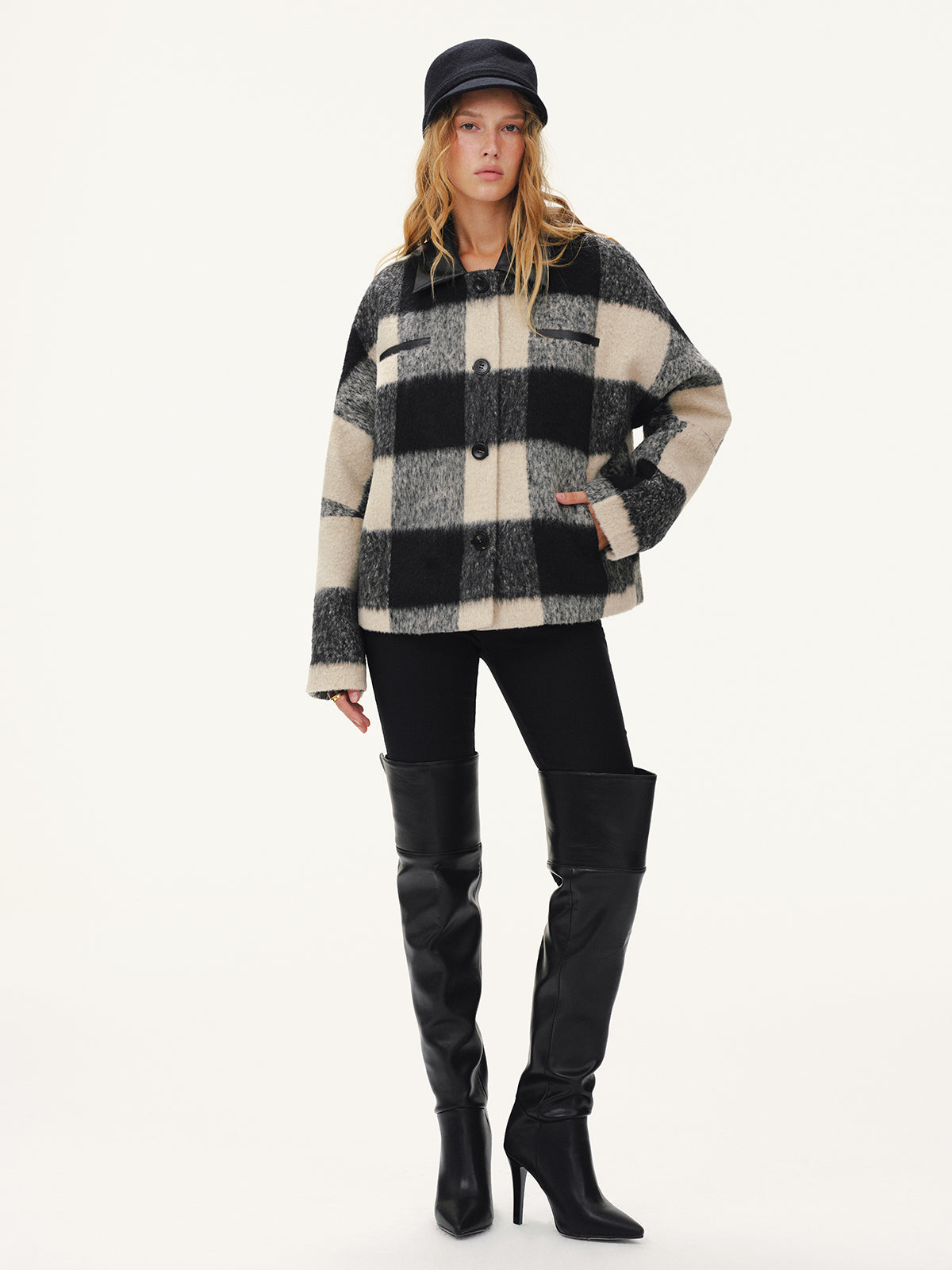Faux Leather Collar Plaid Faux Cashmere Coat-Chicvia