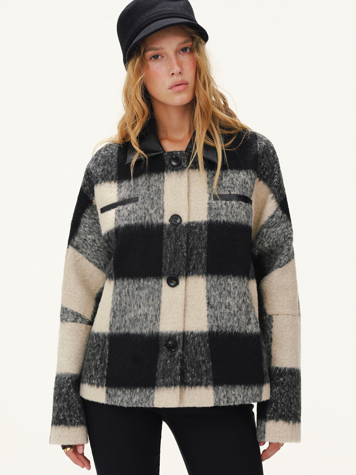 Faux Leather Collar Plaid Faux Cashmere Coat-Chicvia