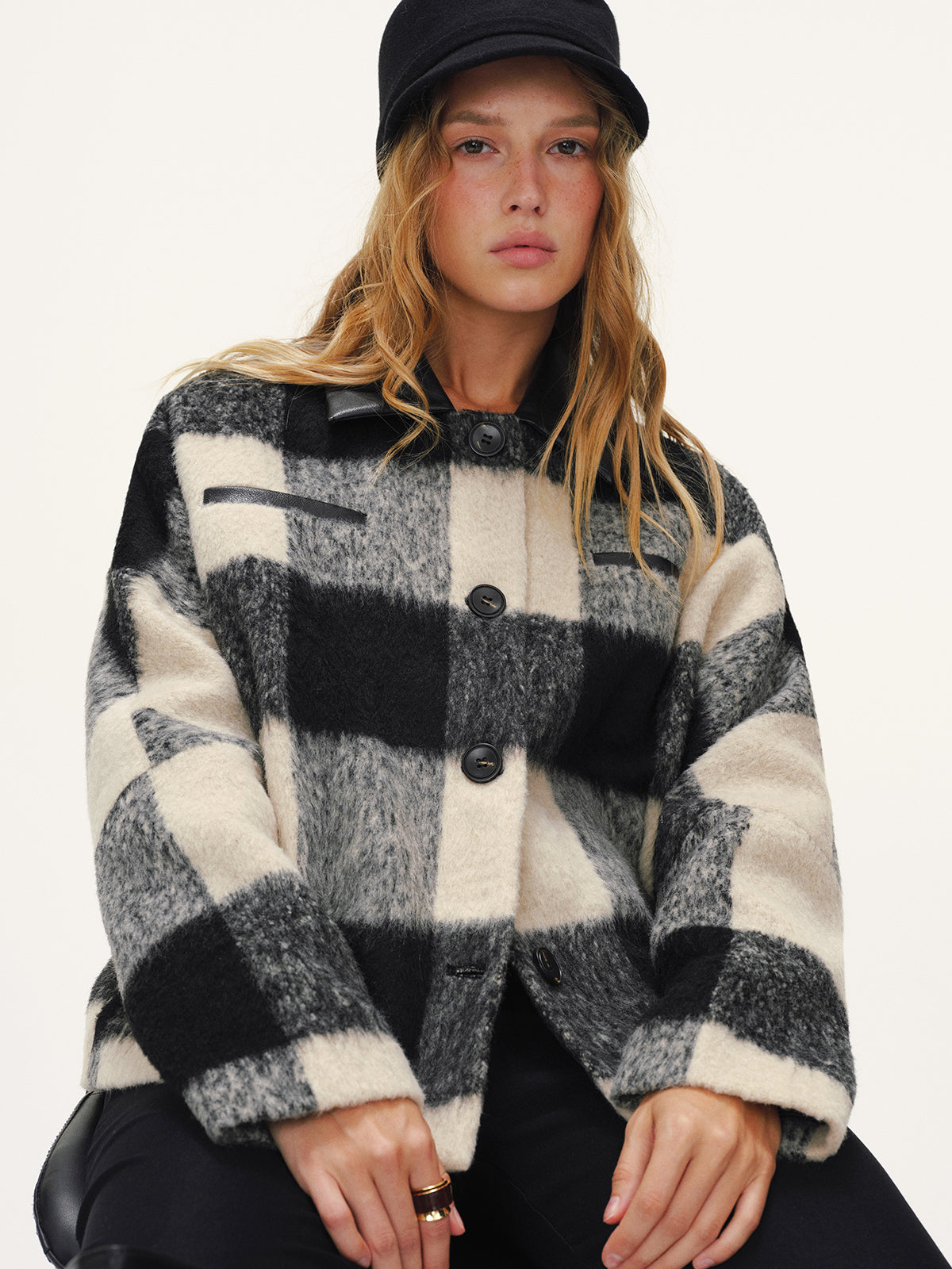 Faux Leather Collar Plaid Faux Cashmere Coat-Chicvia