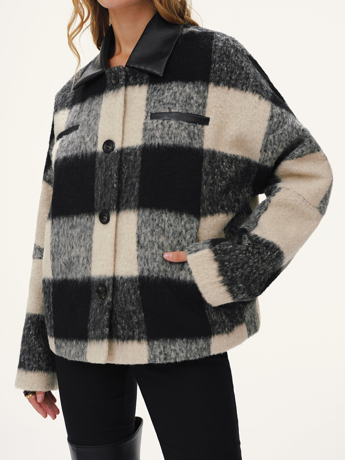 Faux Leather Collar Plaid Faux Cashmere Coat-Chicvia
