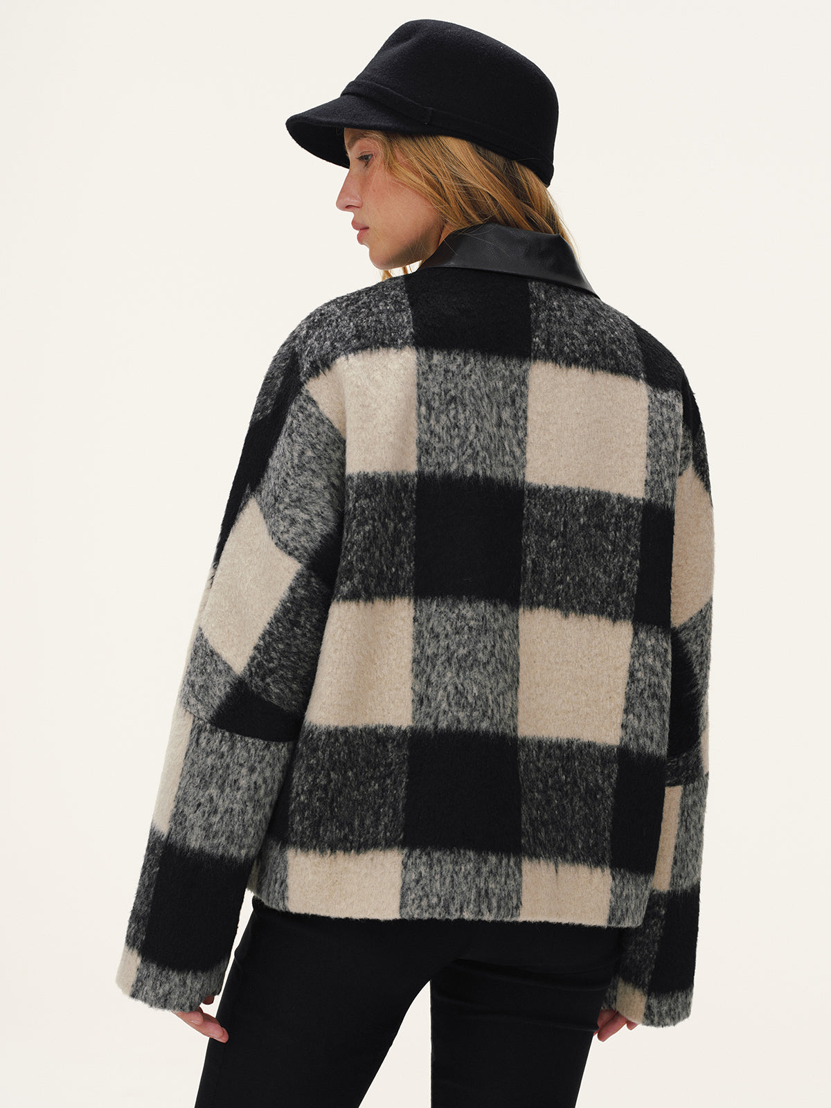 Faux Leather Collar Plaid Faux Cashmere Coat-Chicvia