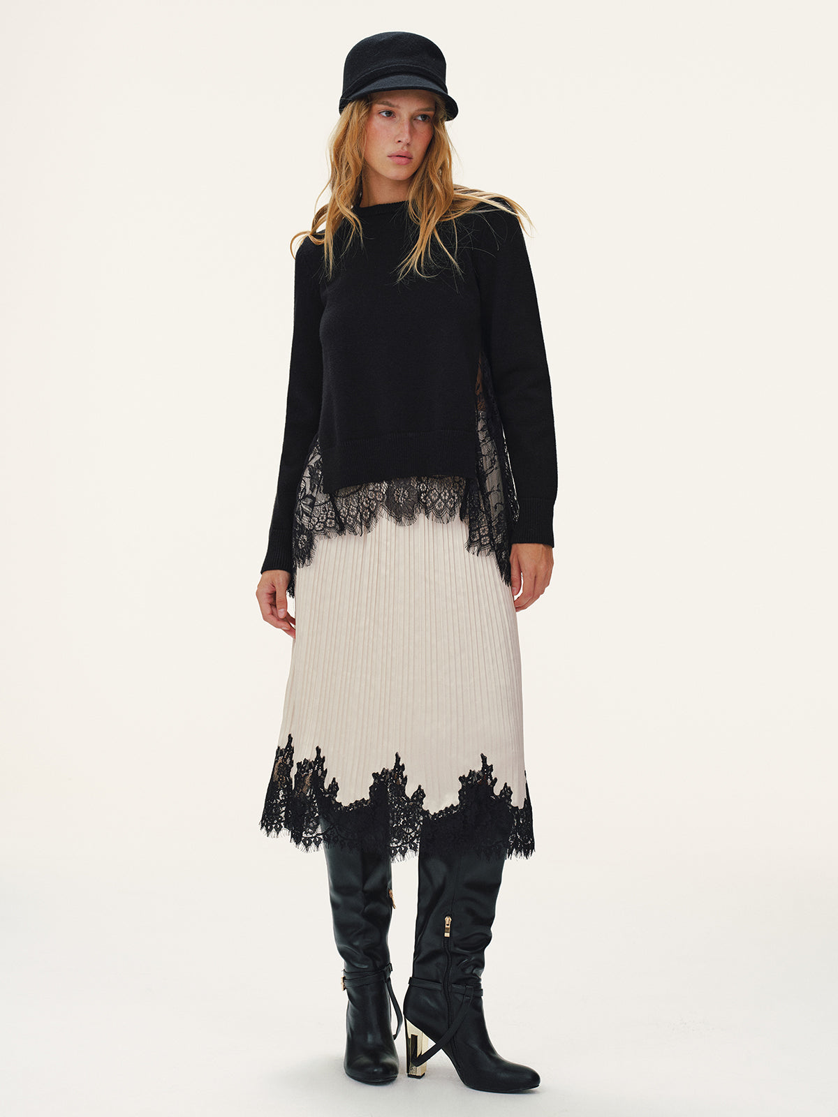 Lace Hem Pleated Midi Skirt-Chicvia