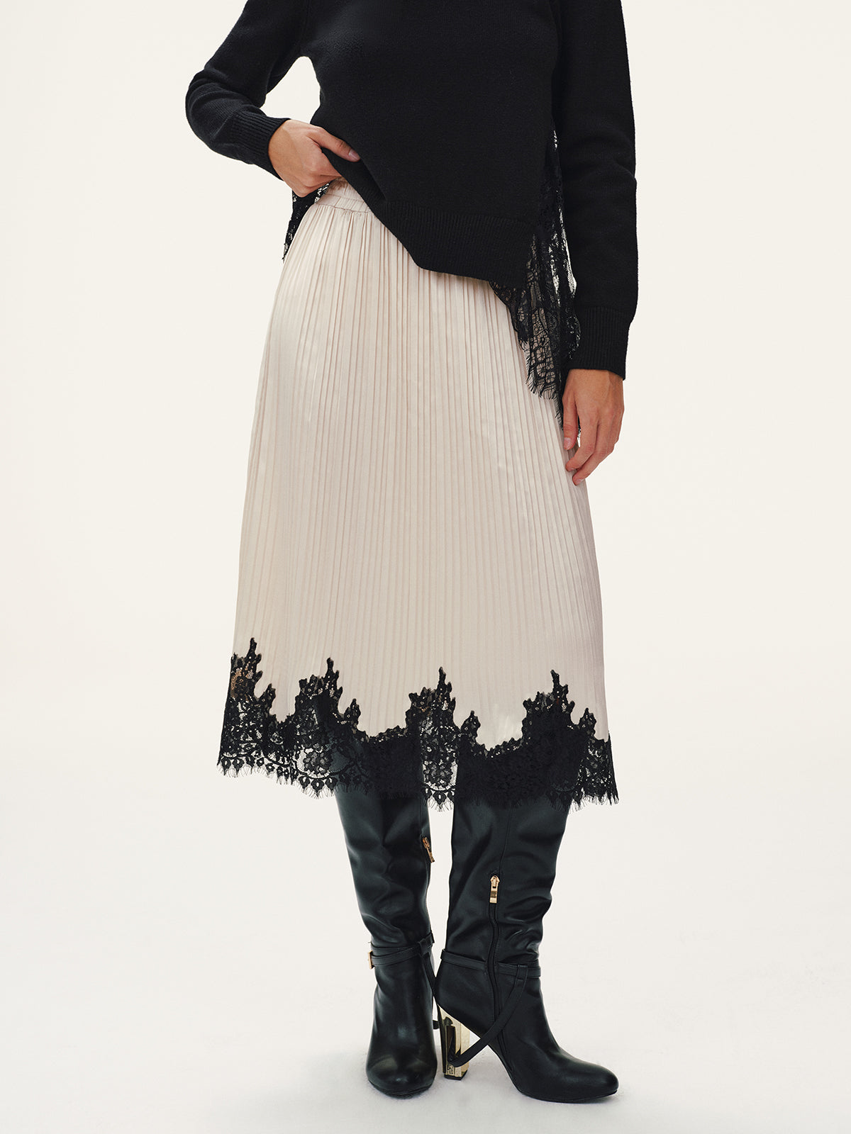 Lace Hem Pleated Midi Skirt-Chicvia
