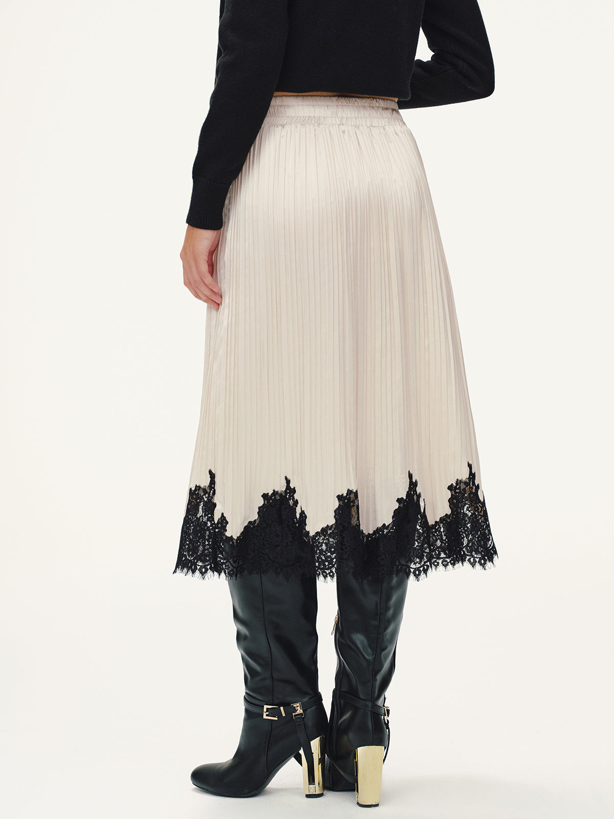 Lace Hem Pleated Midi Skirt-Chicvia