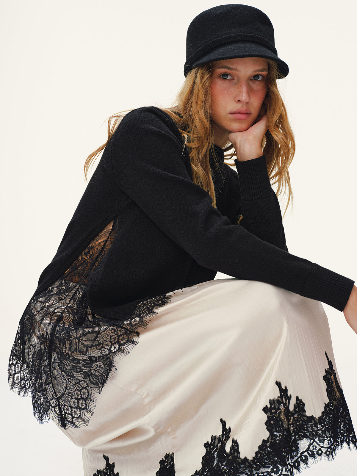 Lace Panel Knitted Sweater-Chicvia