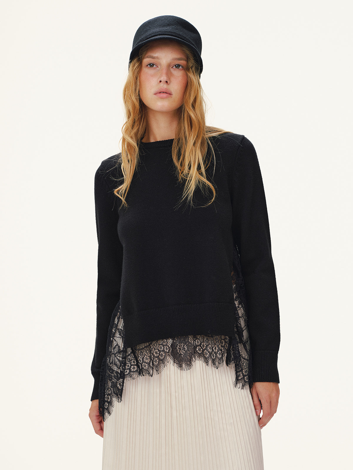 Lace Panel Knitted Sweater-Chicvia