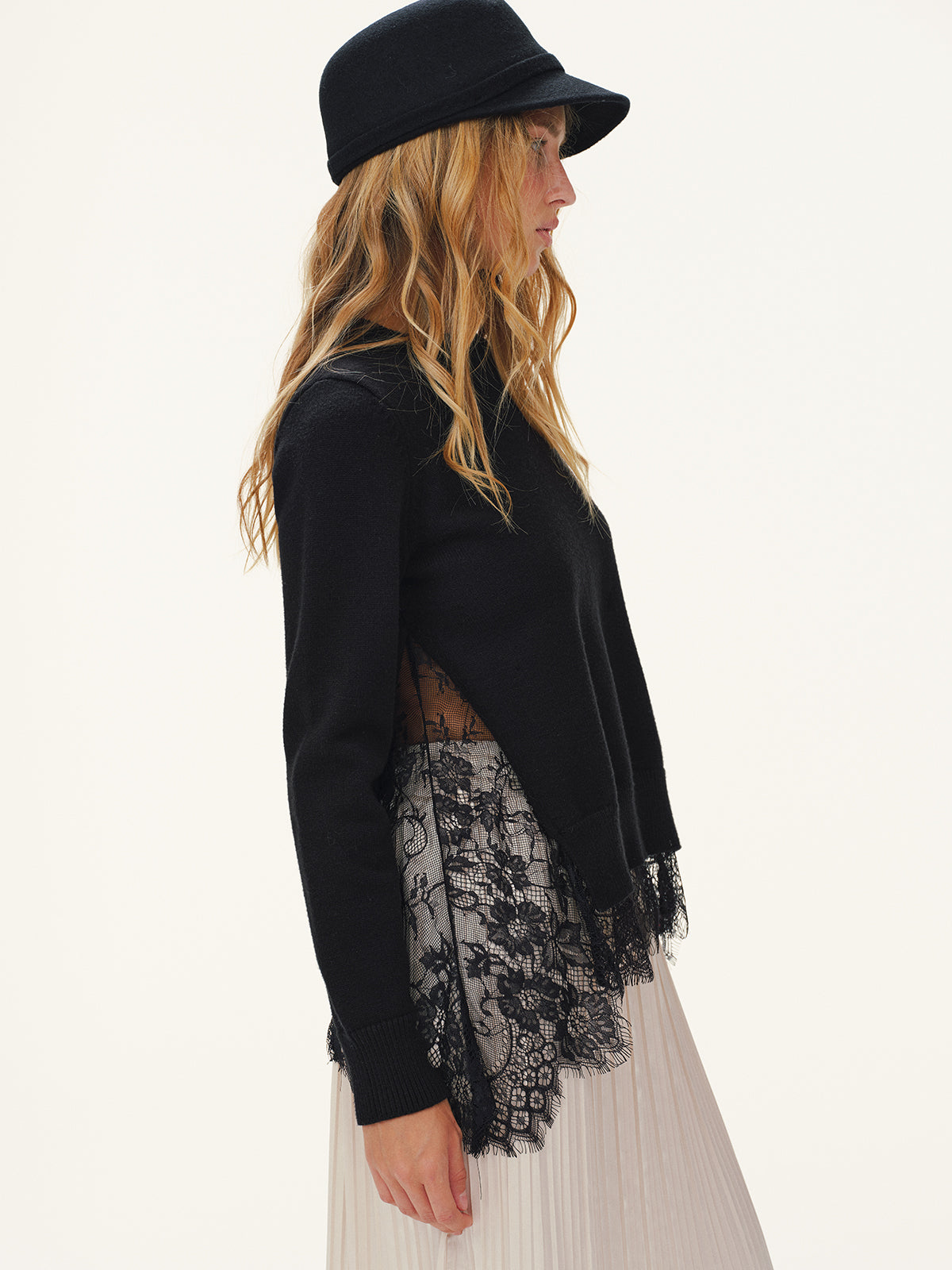 Lace Panel Knitted Sweater-Chicvia