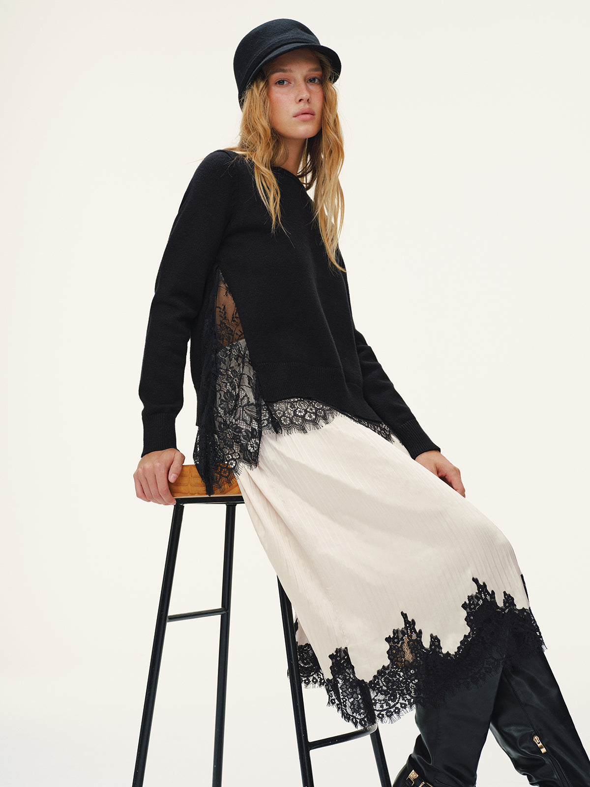 Lace Panel Knitted Sweater-Chicvia