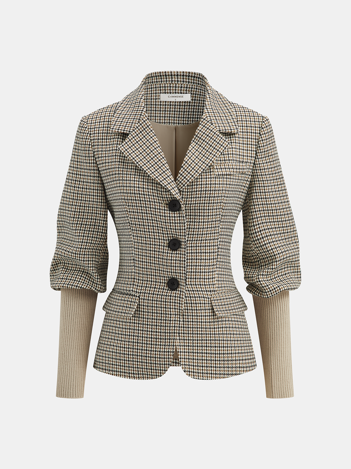 Houndstooth Puffed-Sleeve Blazer-Chicvia