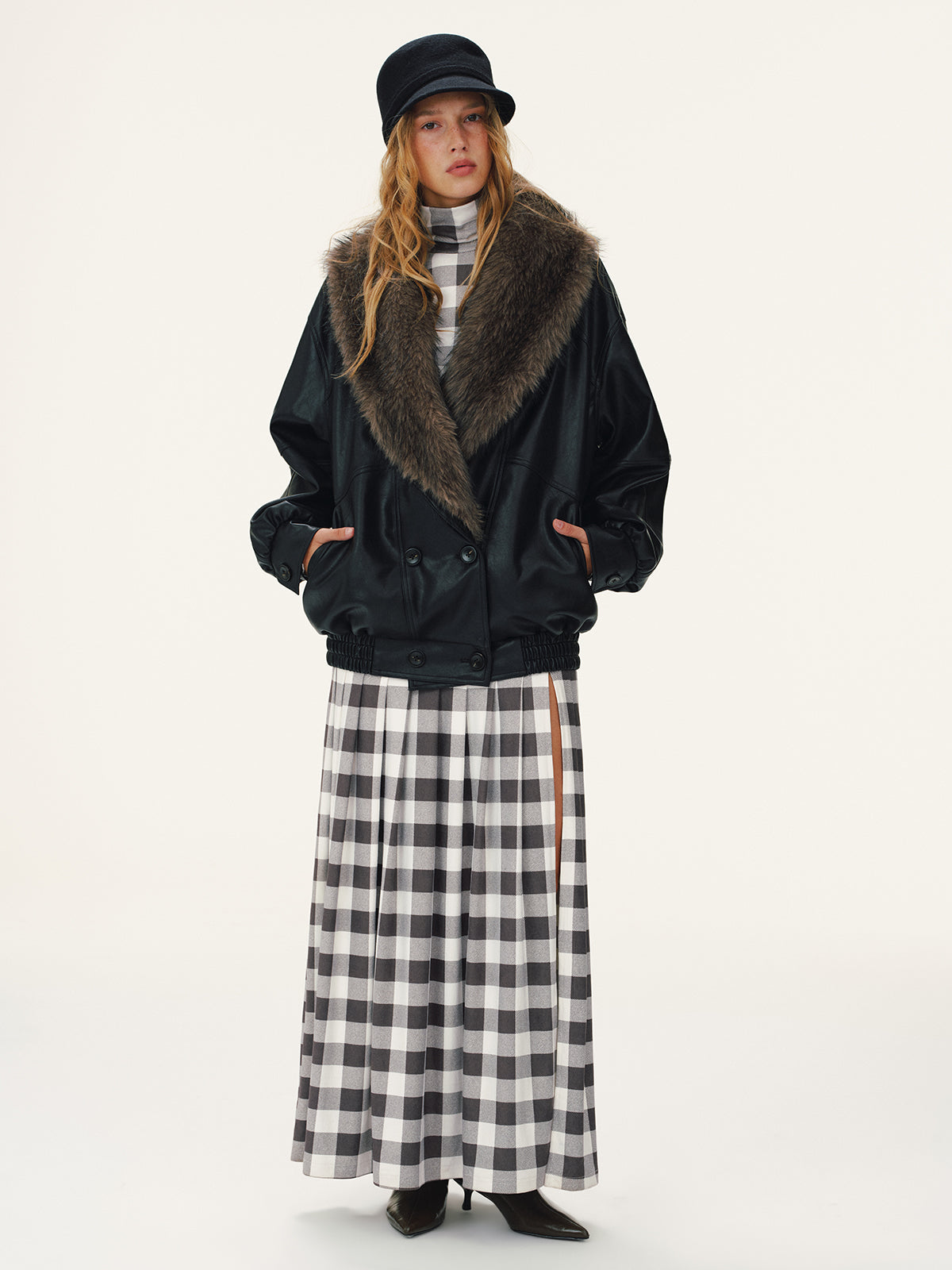 Detachable Faux Fur Collar Faux Leather Jacket-Chicvia