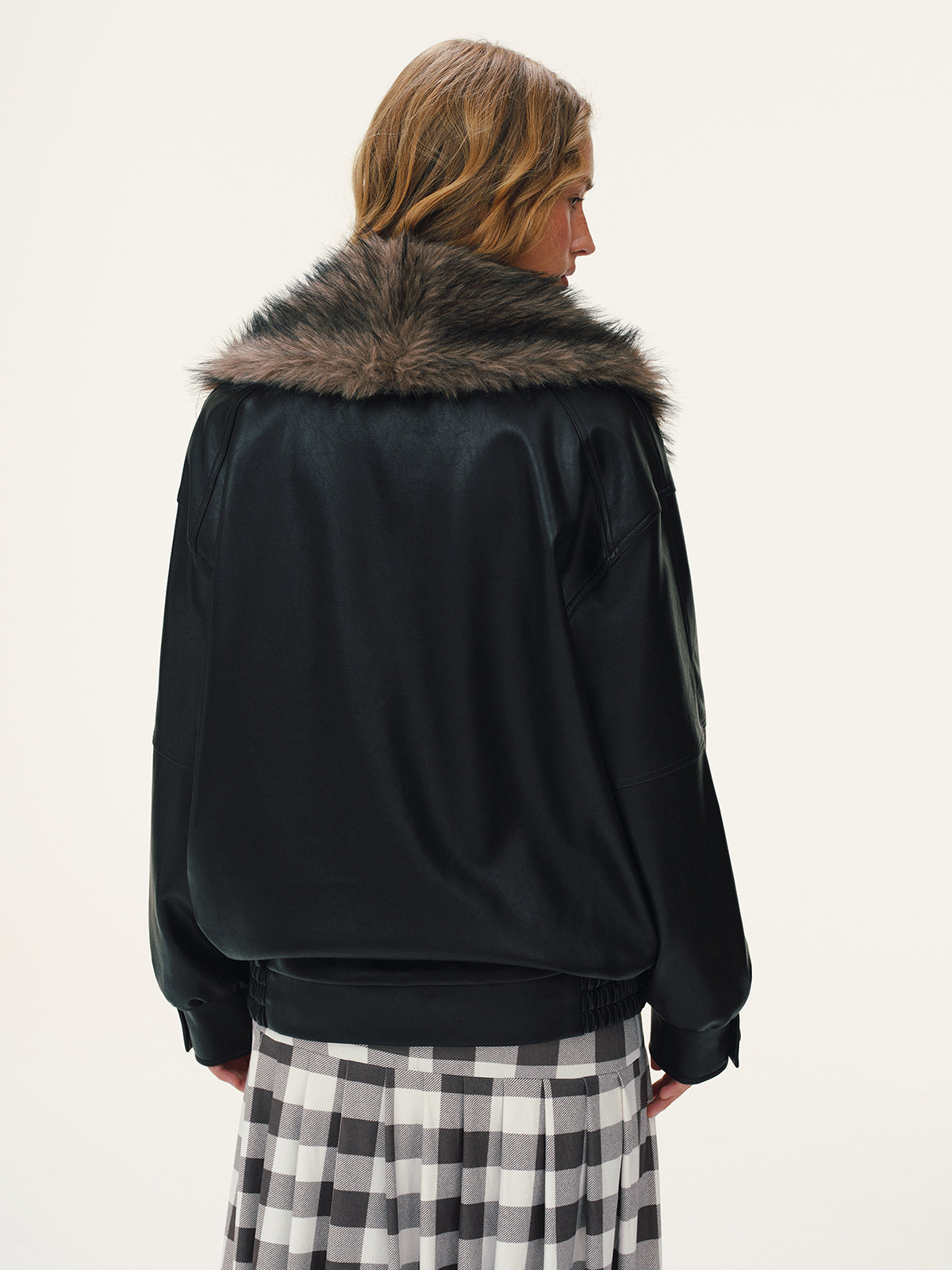 Detachable Faux Fur Collar Faux Leather Jacket-Chicvia