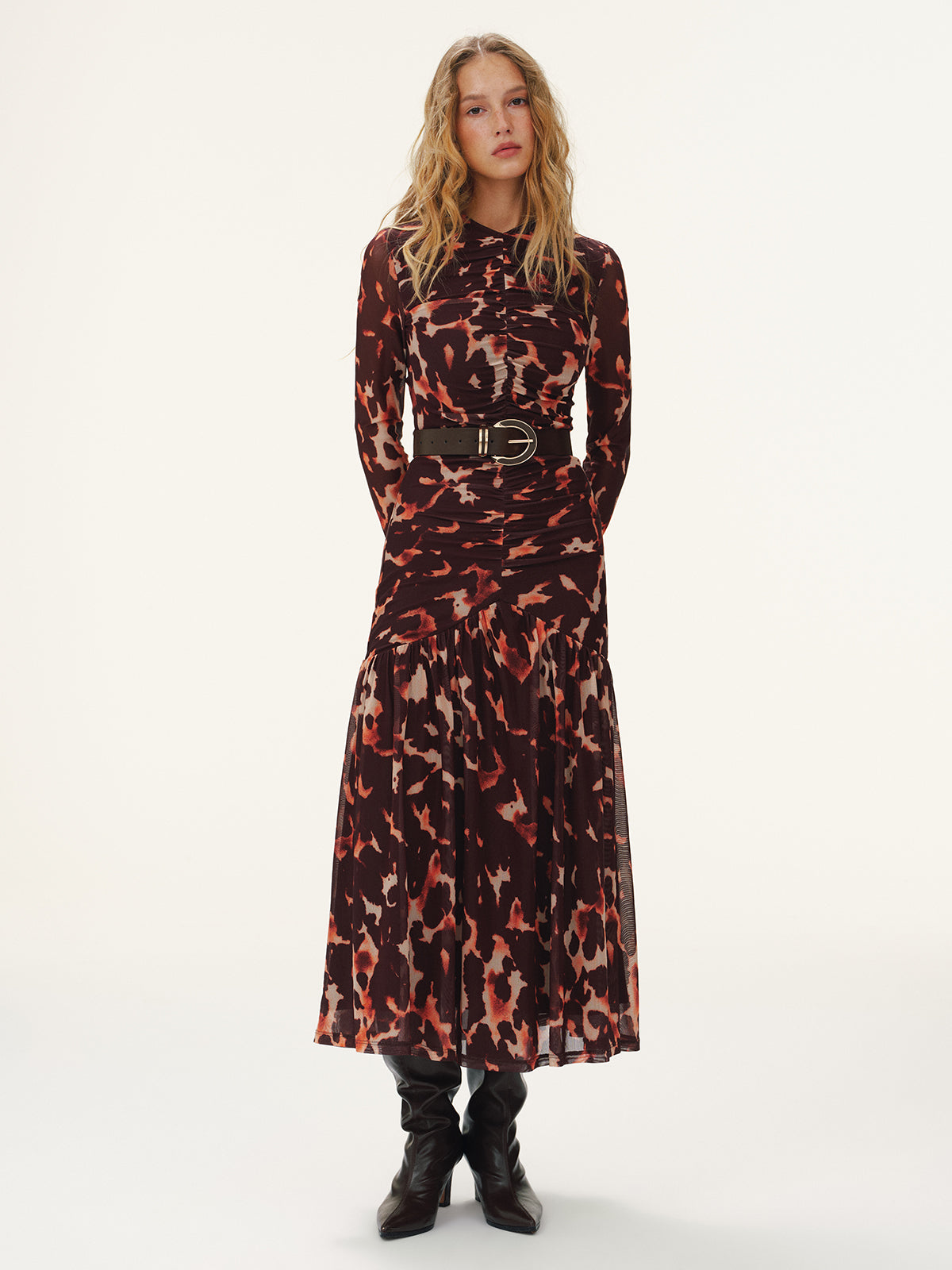 Leopard Print Ruched Mesh Maxi Dress without Belt-Chicvia