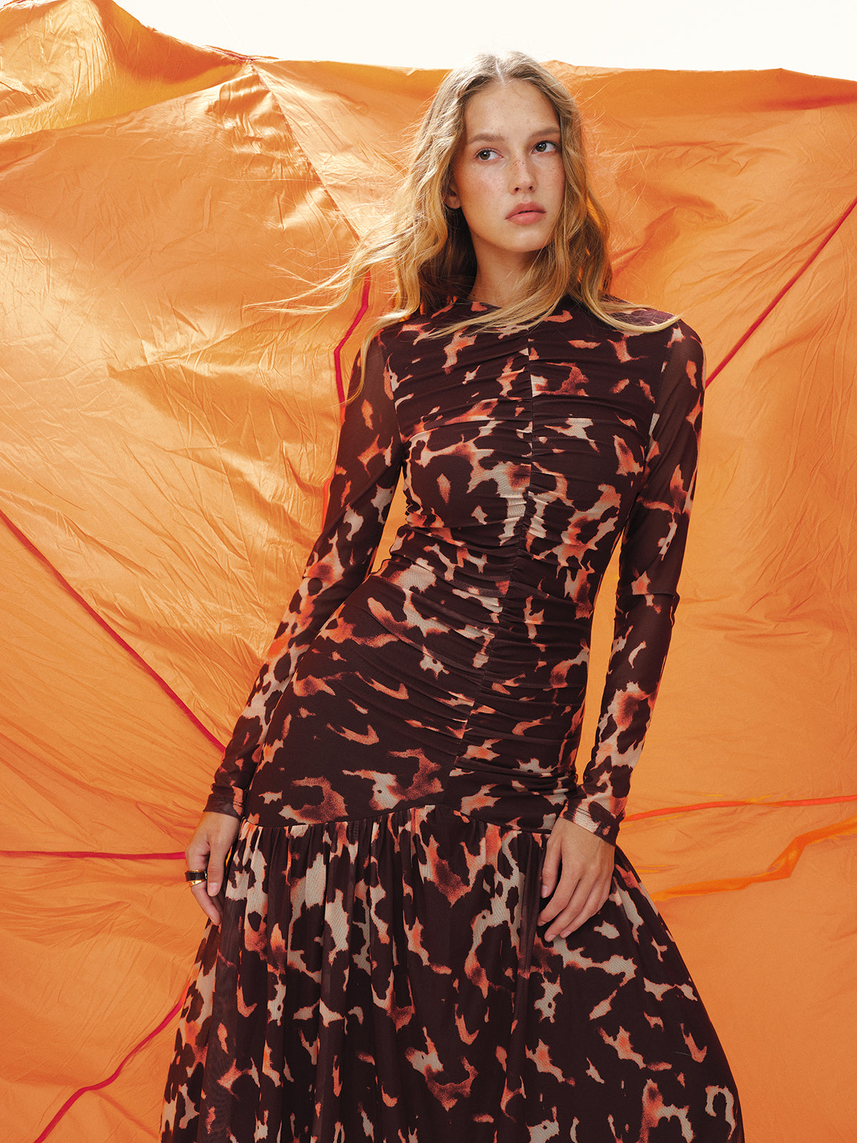 Leopard Print Ruched Mesh Maxi Dress without Belt-Chicvia