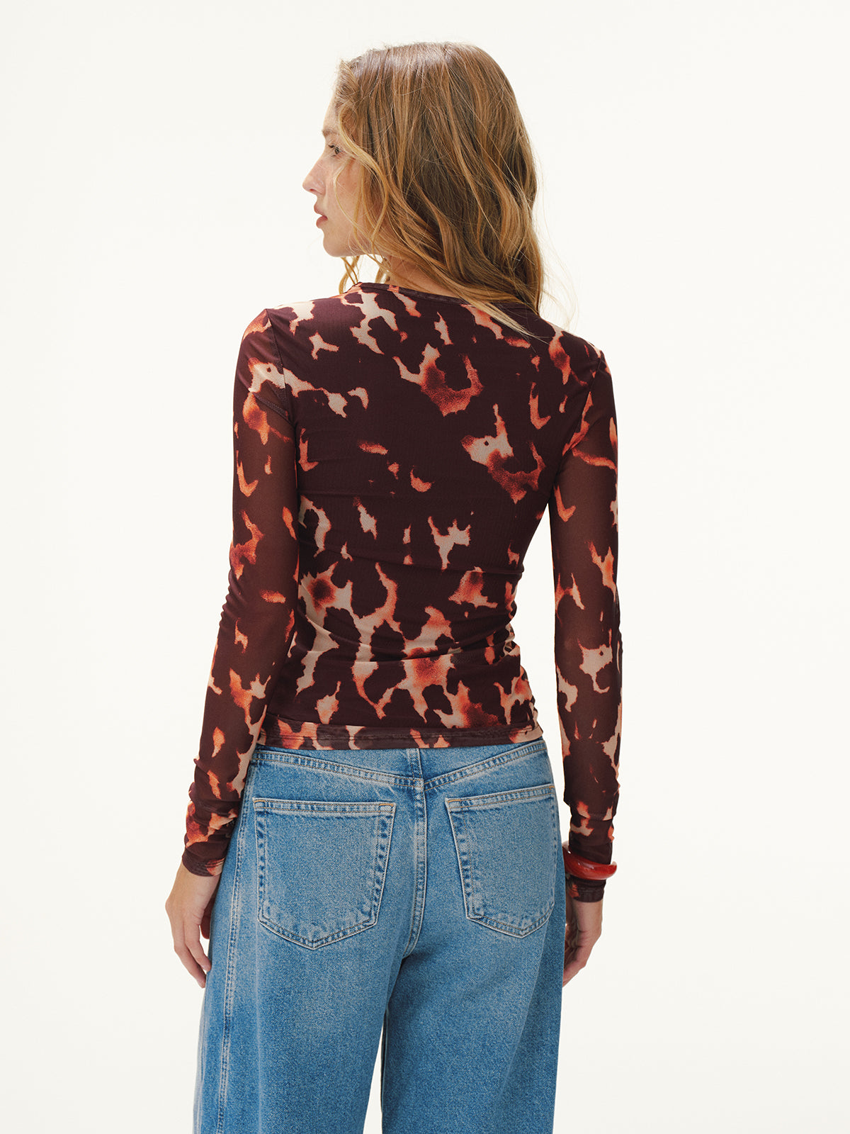 Leopard Print Mesh Fitted Long-Sleeve Top-Chicvia