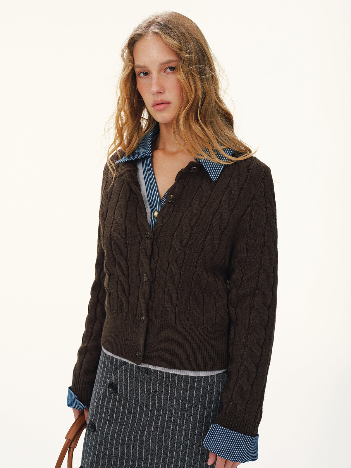 Button-Front Cable-Knit Cardigan-Chicvia