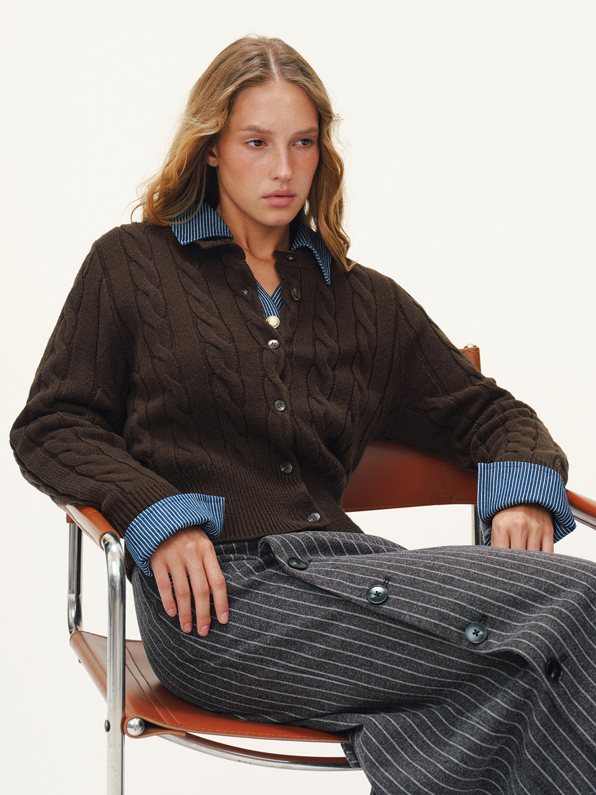 Button-Front Cable-Knit Cardigan-Chicvia