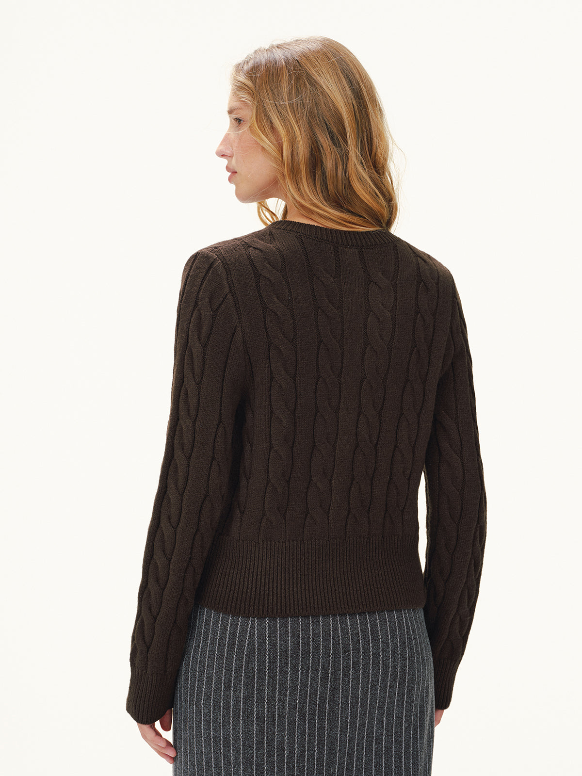 Button-Front Cable-Knit Cardigan-Chicvia