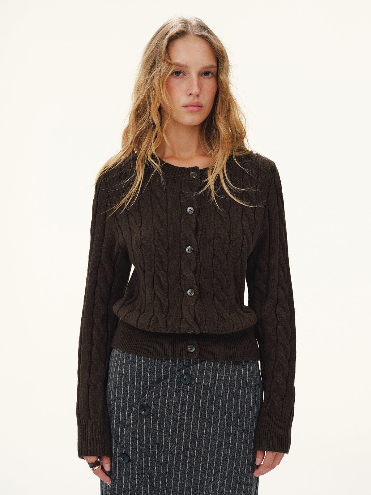 Button-Front Cable-Knit Cardigan-Chicvia