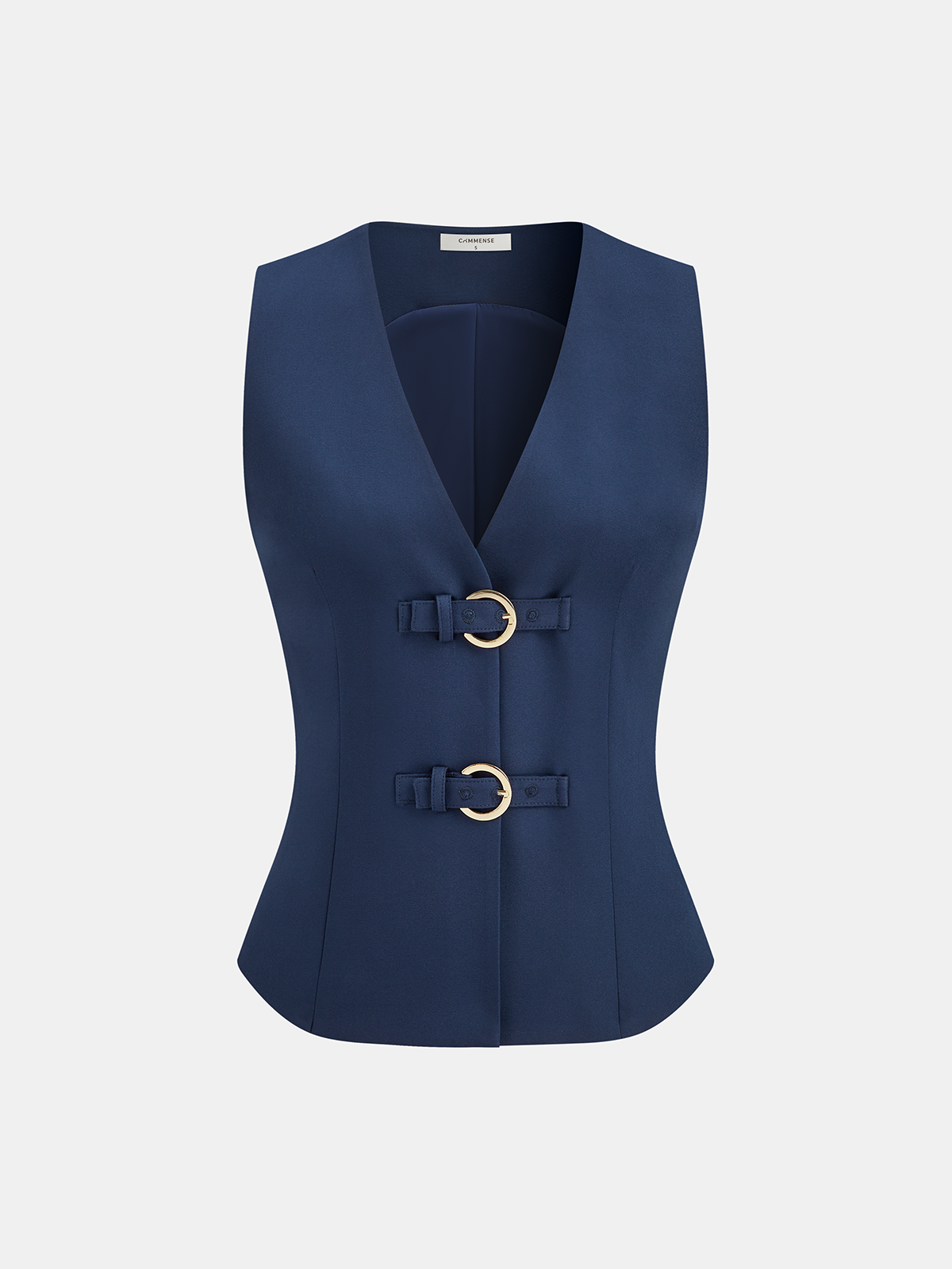 Buckle Detail Sleeveless V-Neck Vest-Chicvia