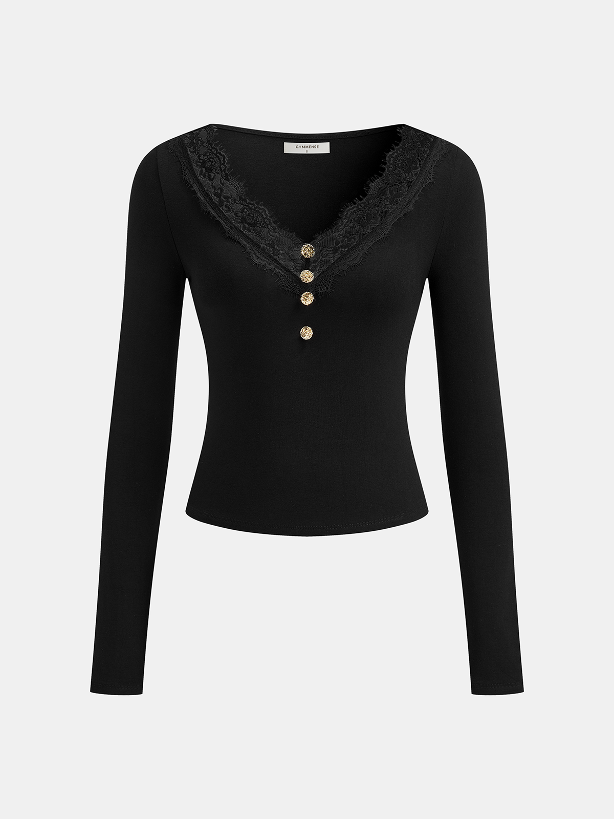 Lace Trim V-Neck Long-Sleeve Top-Chicvia