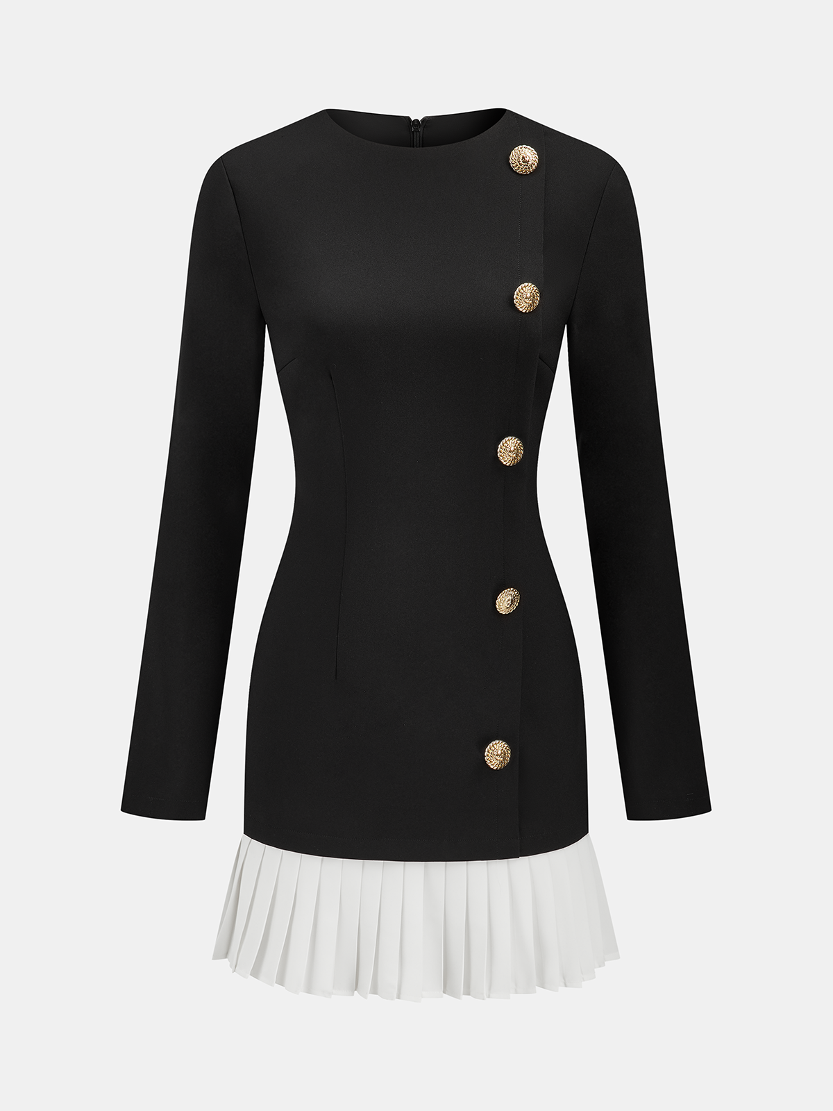 Pleated Hem Panel Asymmetric Metal Detail Mini Dress-Chicvia