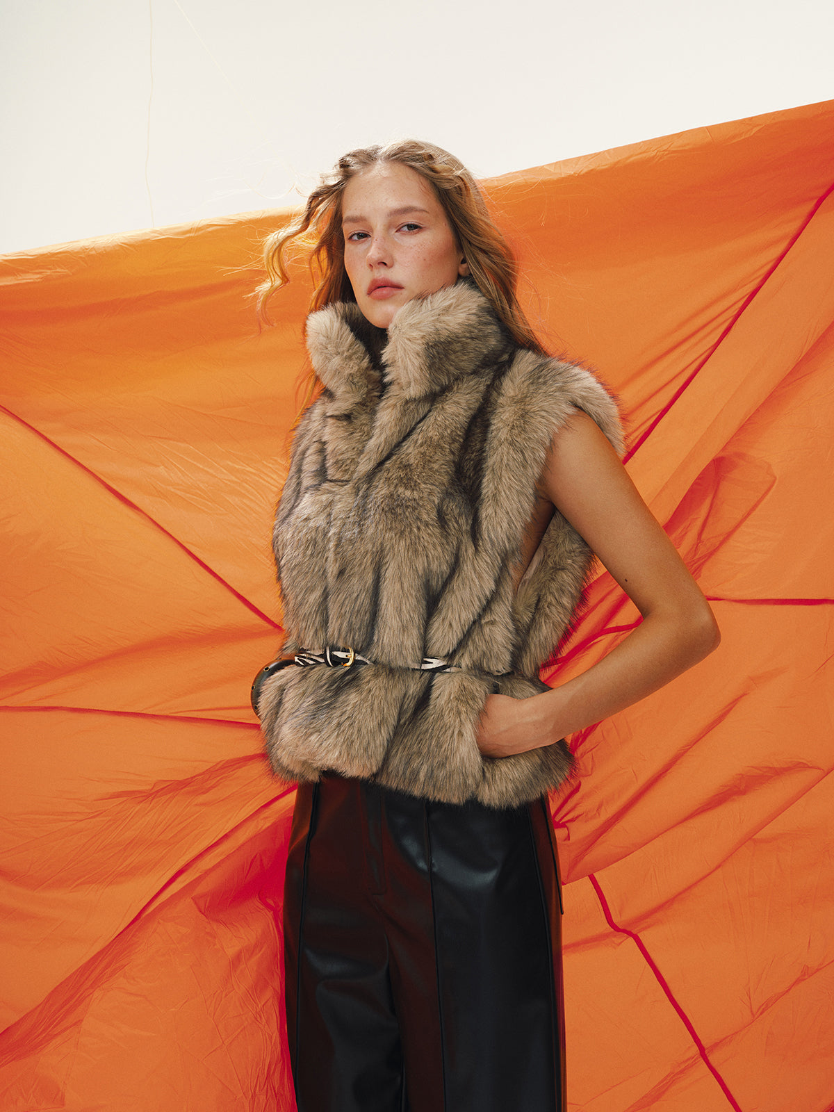 Faux Fur Sleeveless Vest without Belt-Chicvia