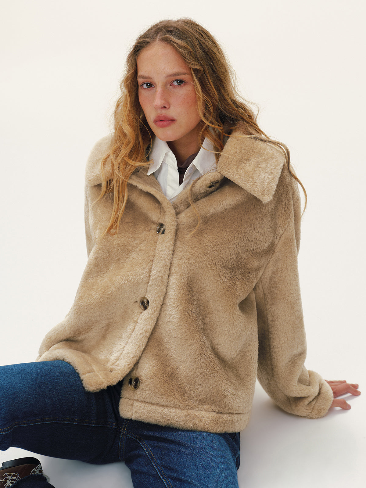 Collared Buttoned Faux Fur Coat-Chicvia