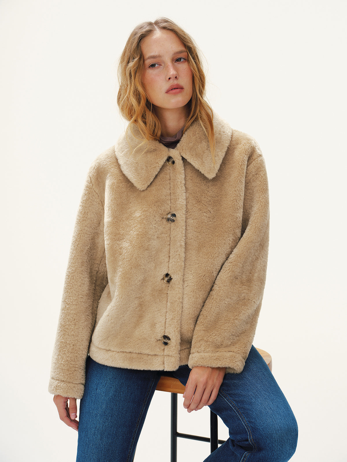 Collared Buttoned Faux Fur Coat-Chicvia