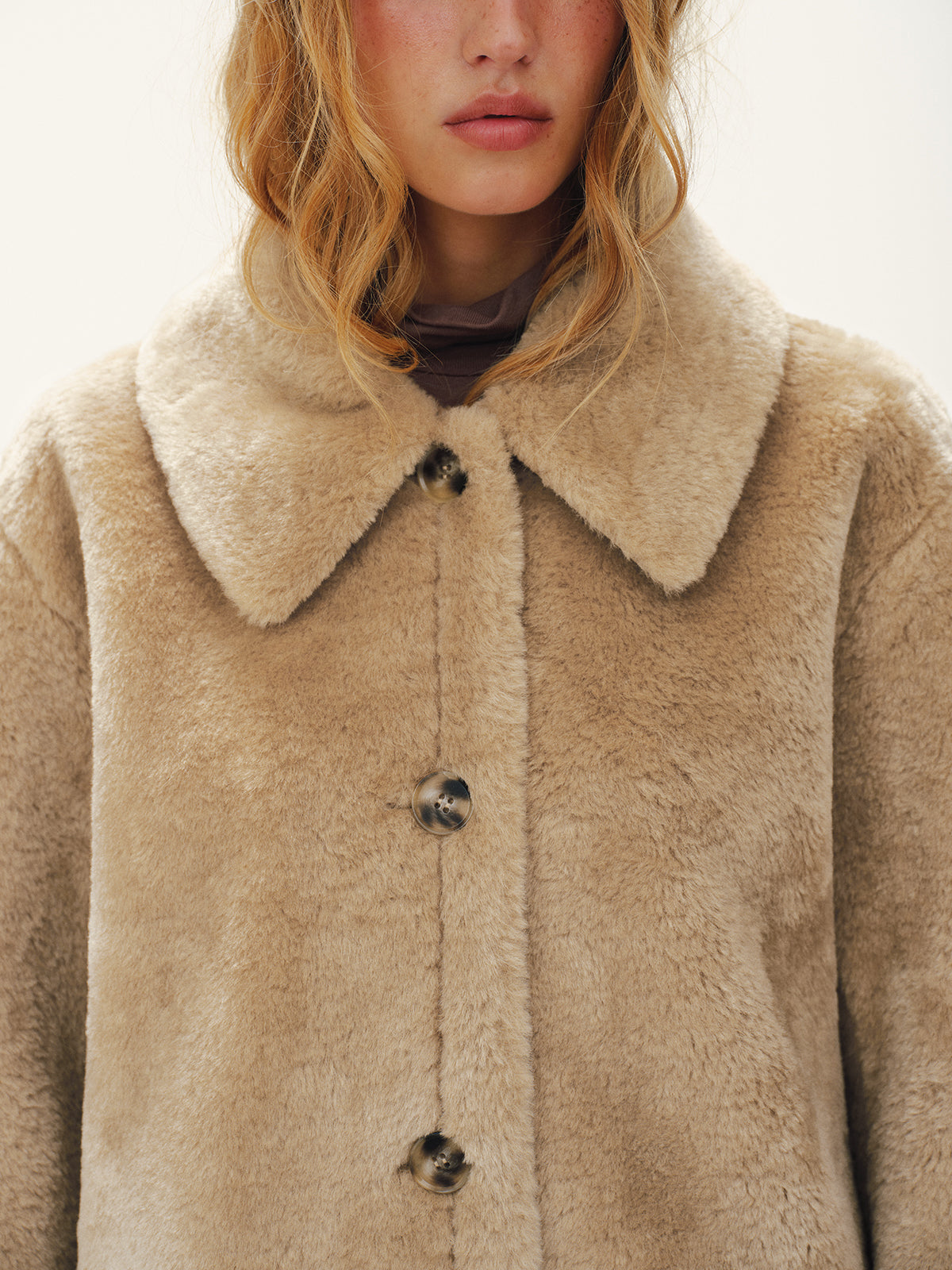 Collared Buttoned Faux Fur Coat-Chicvia