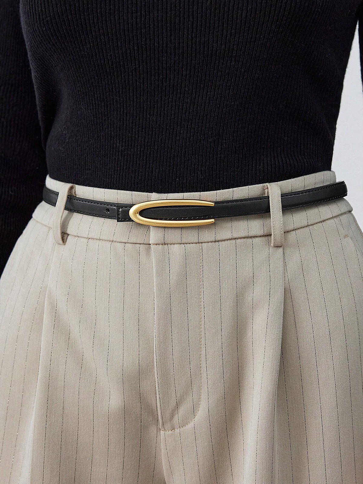 Gold Oval Buckle PU Leather Thin Belt-Chicvia