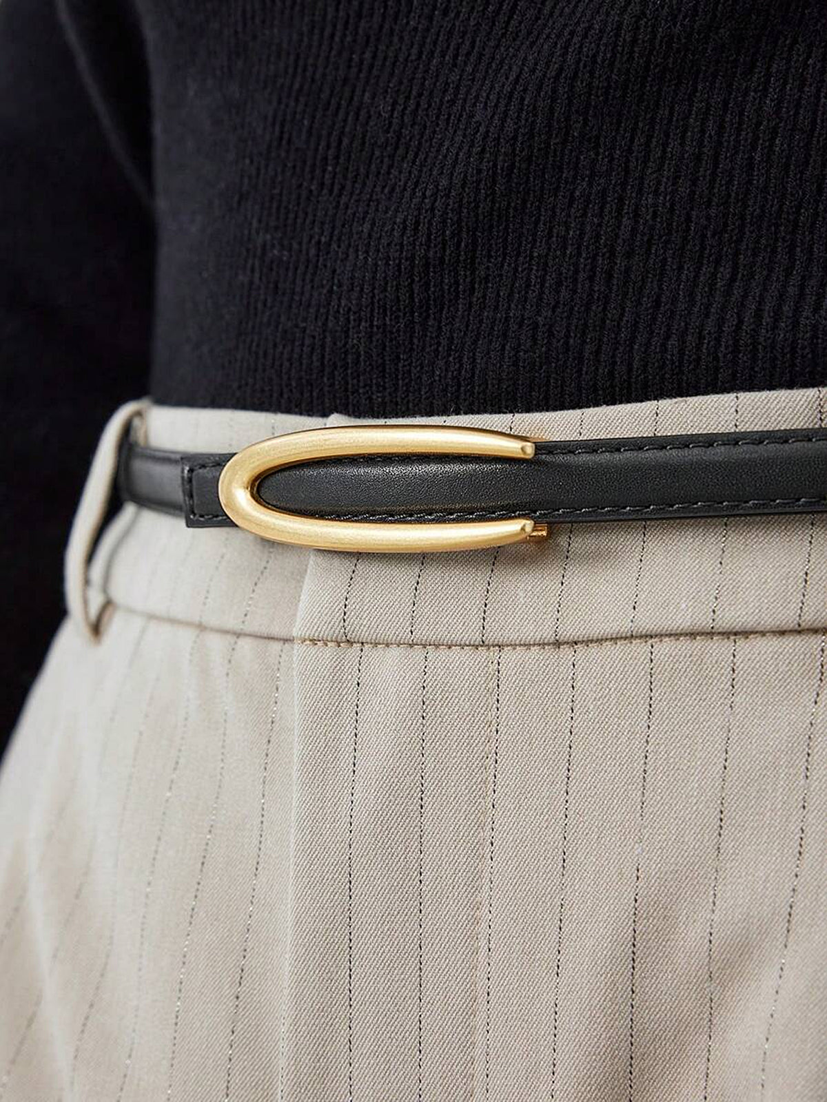 Gold Oval Buckle PU Leather Thin Belt-Chicvia