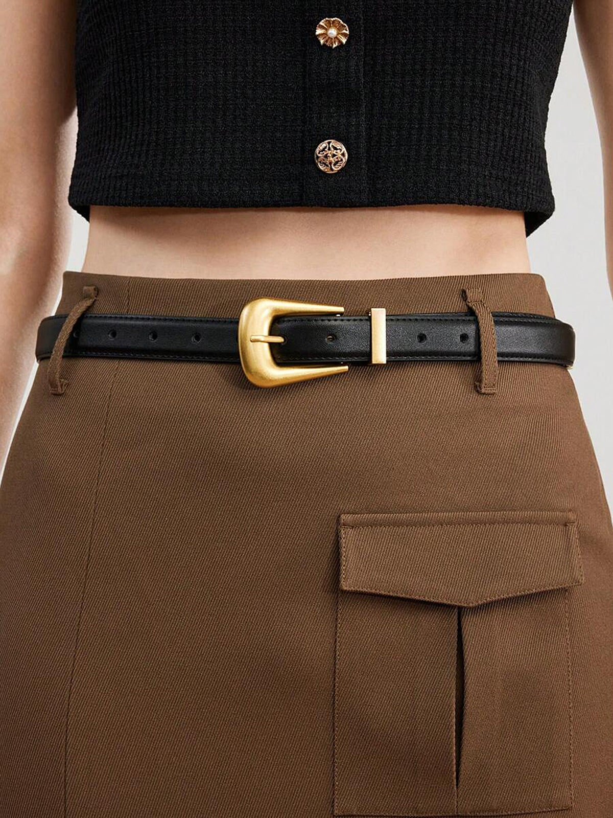 Golden Buckle Leather Belt-Chicvia