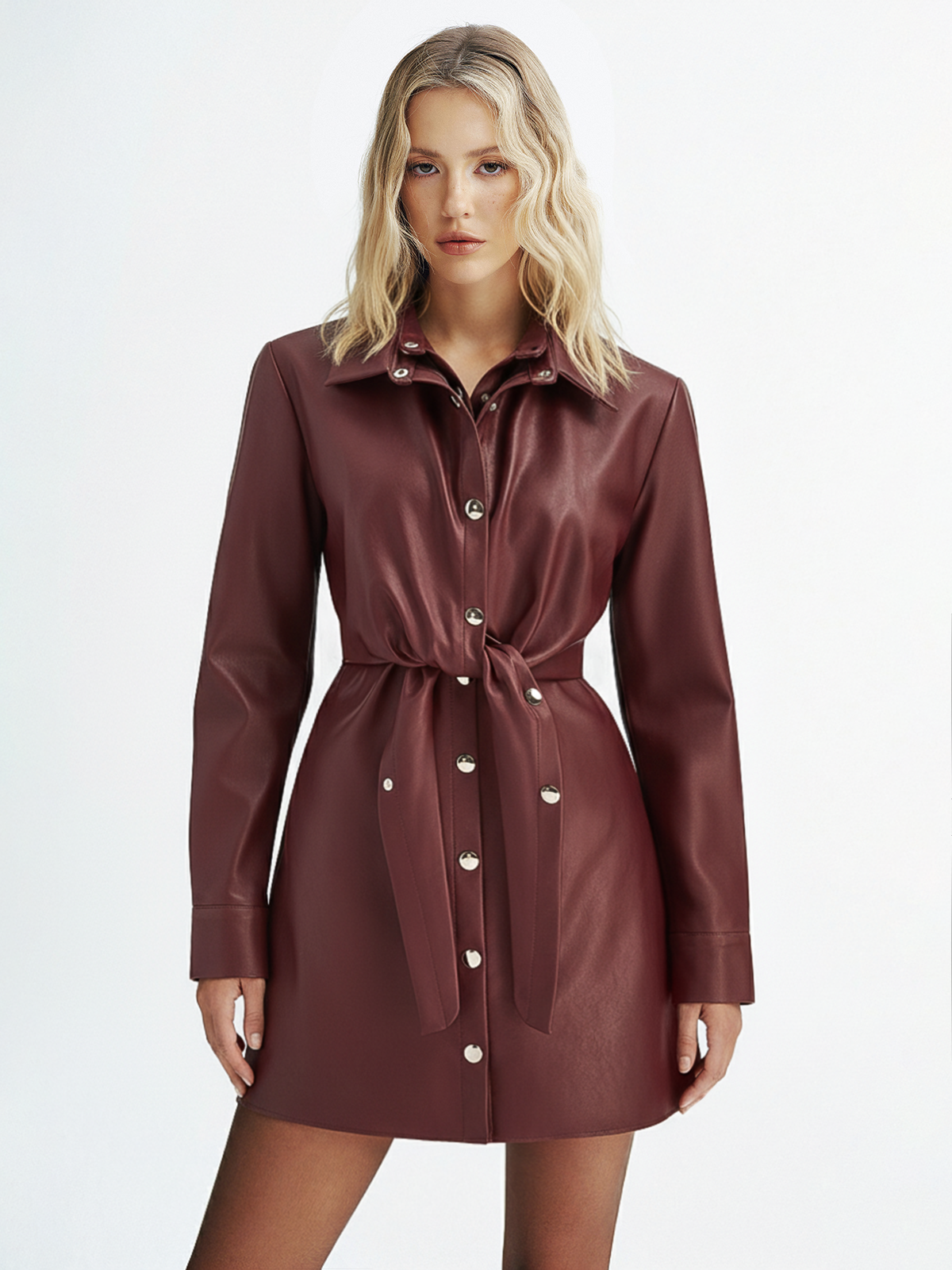 Double-Collar PU Leather Shirt Dress-Chicvia