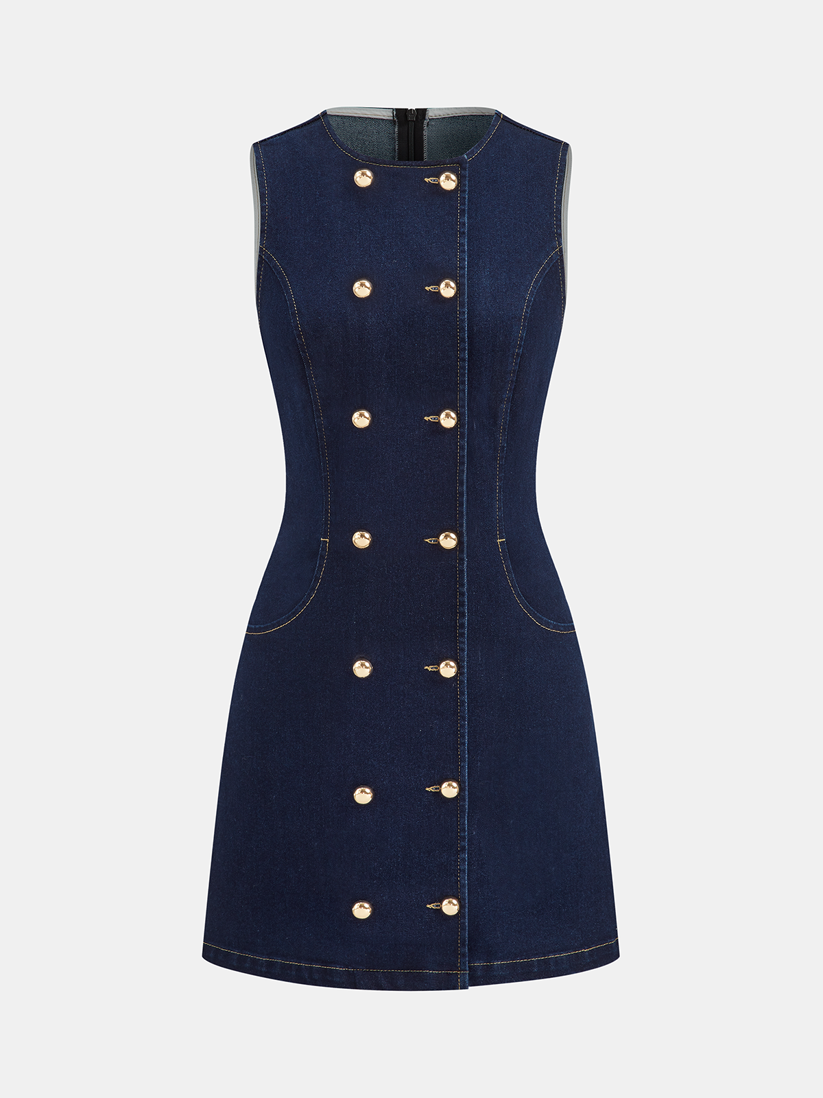 Double-Breasted Denim Sleeveless Mini Dress-Chicvia