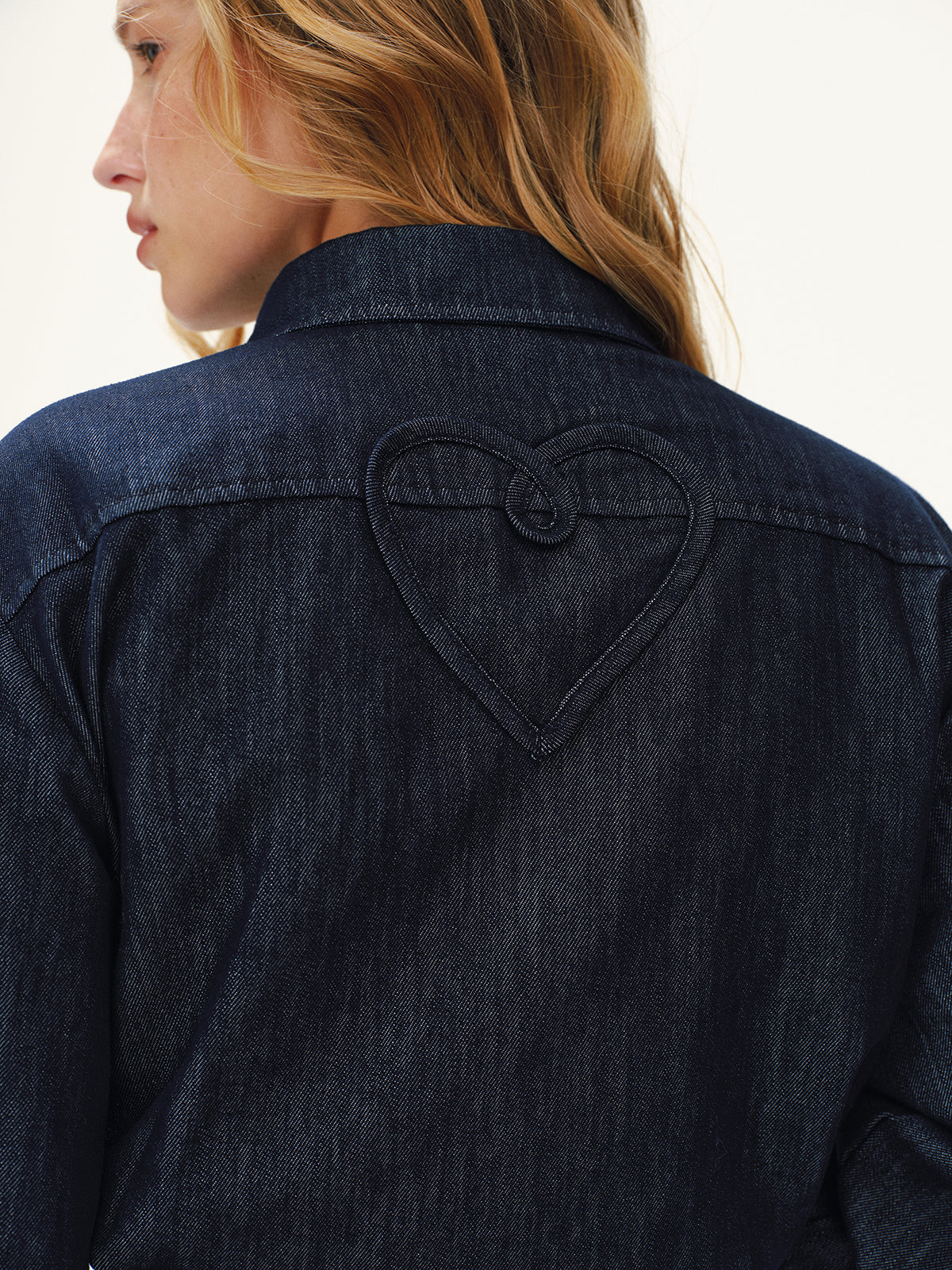 Heart-Back Contrast Cuff Denim Shirt-Chicvia