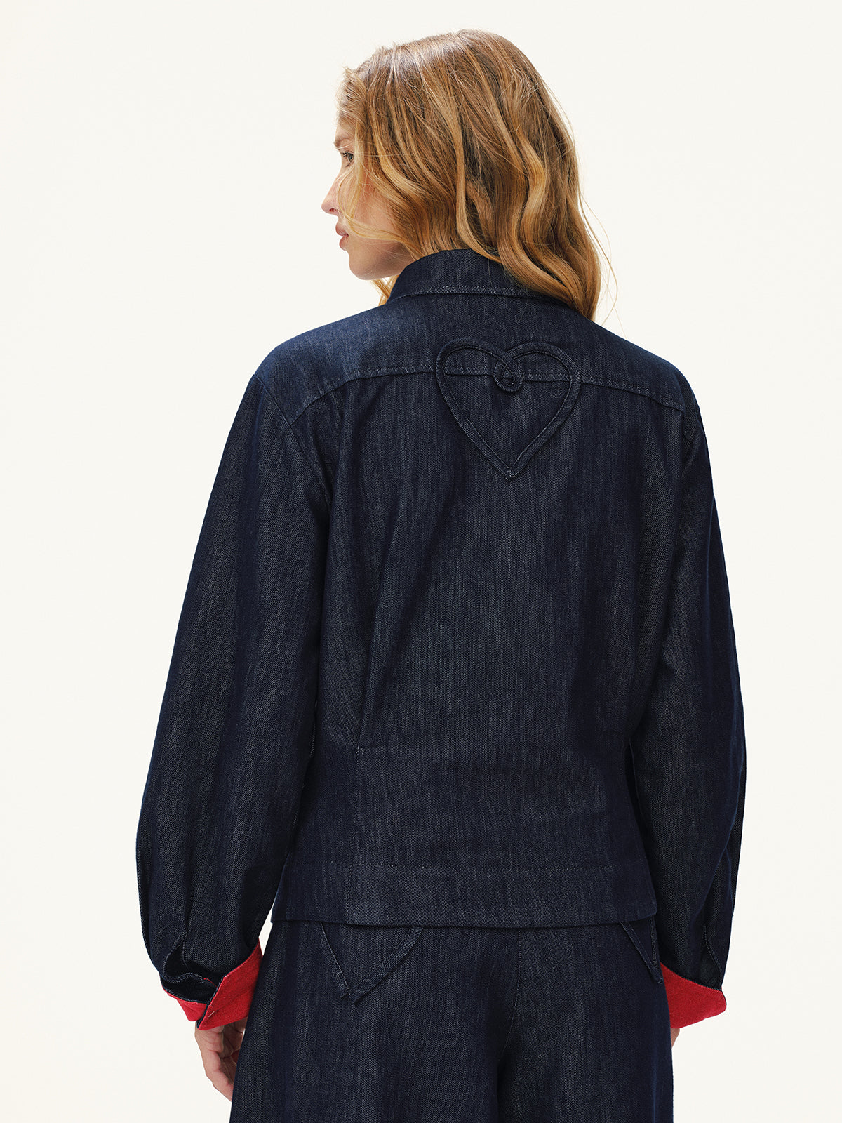 Heart-Back Contrast Cuff Denim Shirt-Chicvia