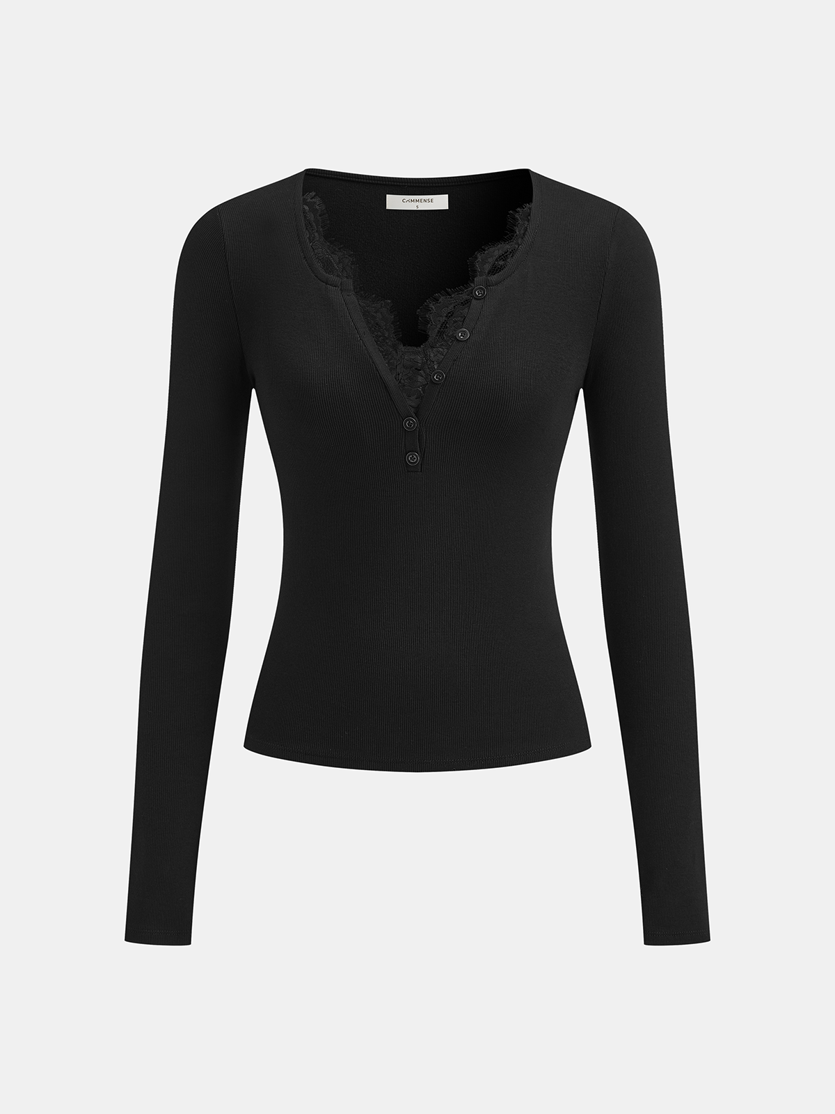 Lace V-Neck Button Ribbed Long Sleeve Top-Chicvia