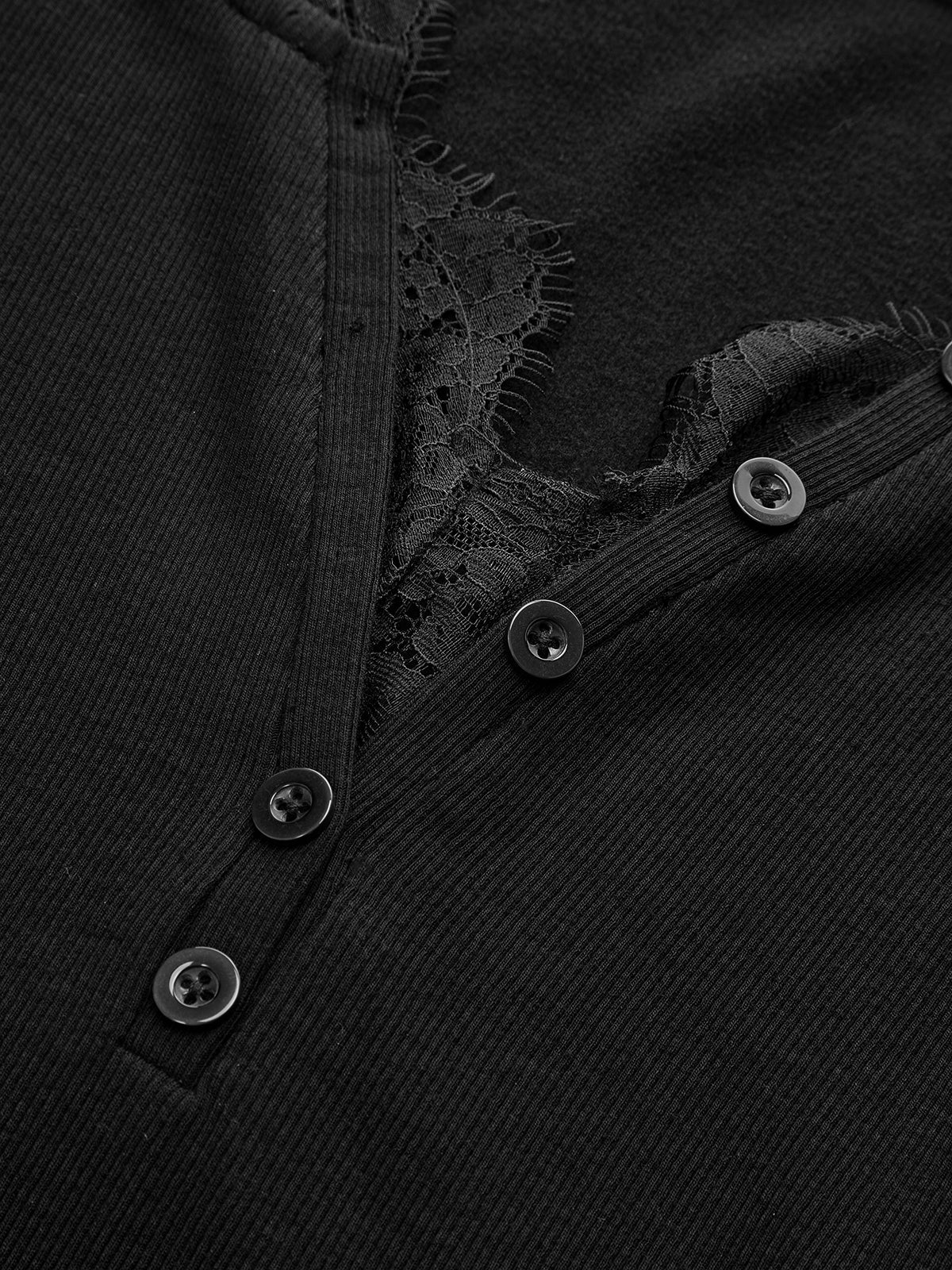 Lace V-Neck Button Ribbed Long Sleeve Top-Chicvia