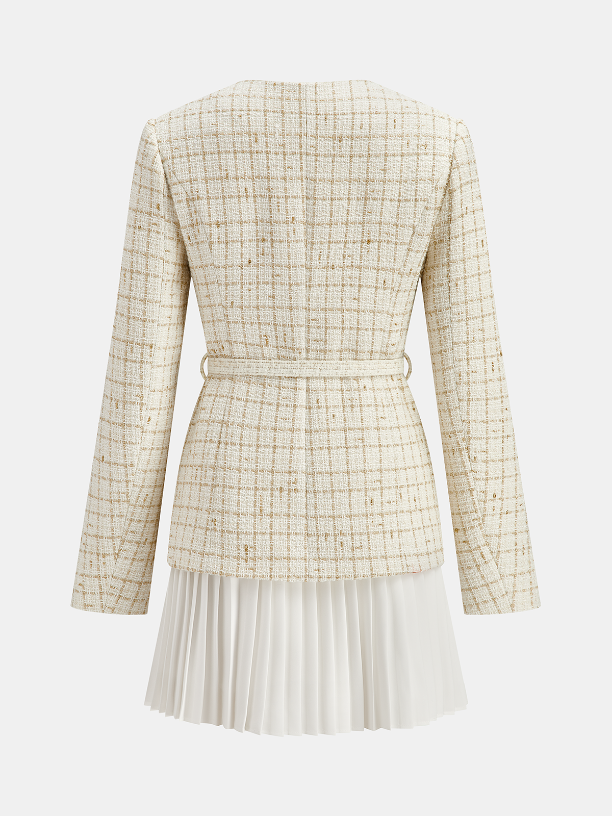 Belted Tweed Jacket and Pleated Mini Skirt Set-Chicvia