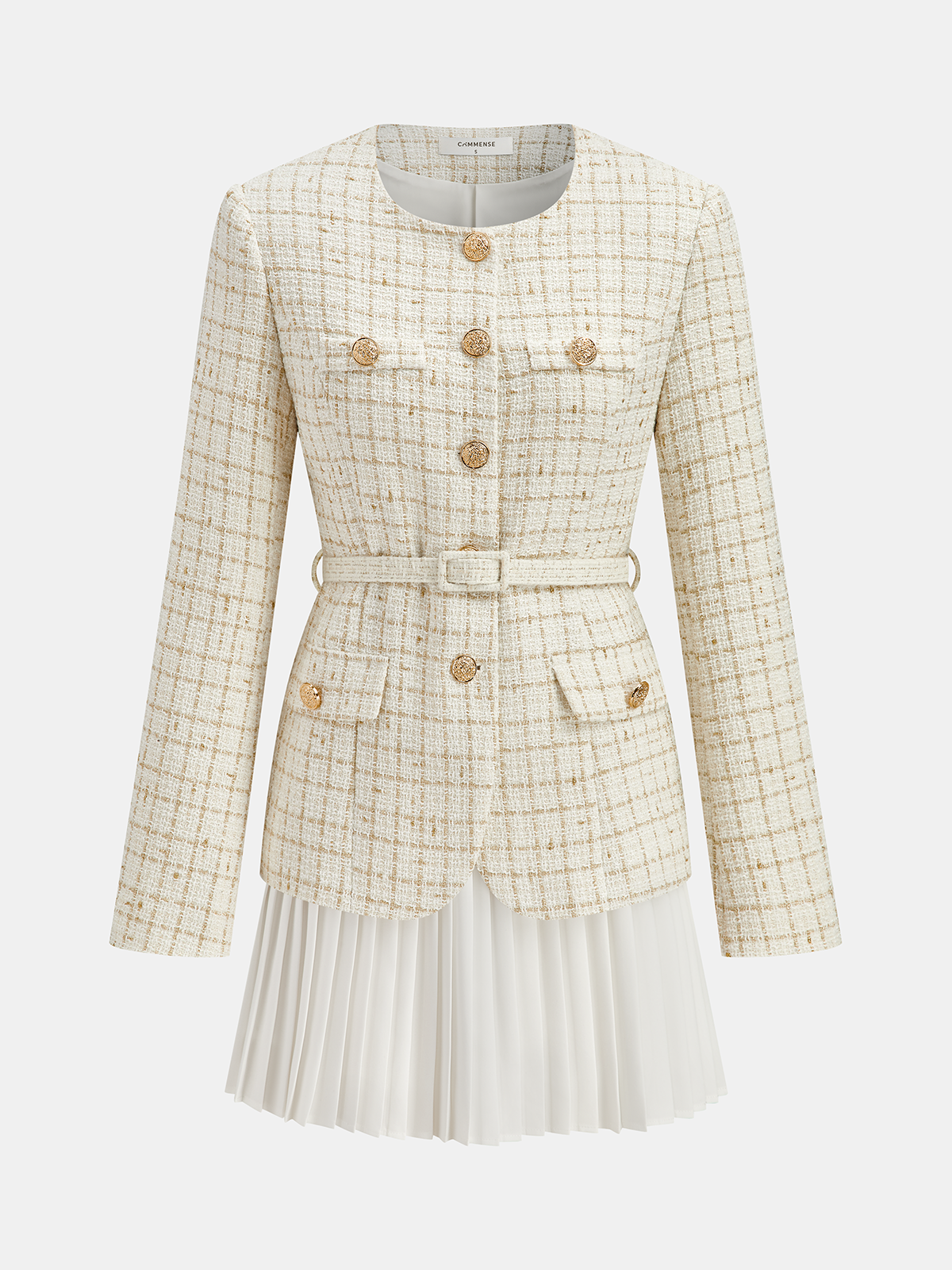 Belted Tweed Jacket and Pleated Mini Skirt Set-Chicvia