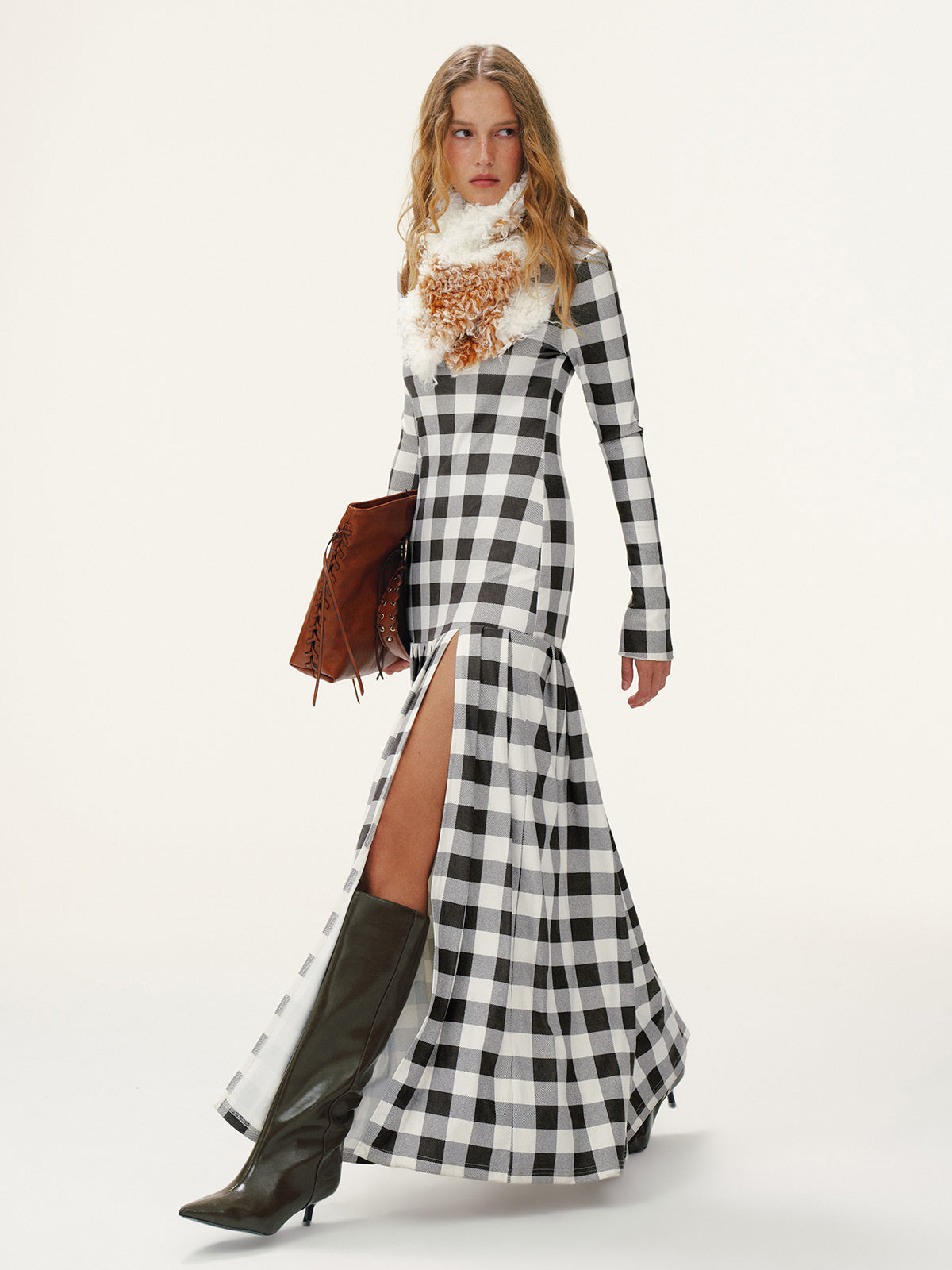 Plaid Turtleneck Long Sleeve Slit Maxi Dress-Chicvia