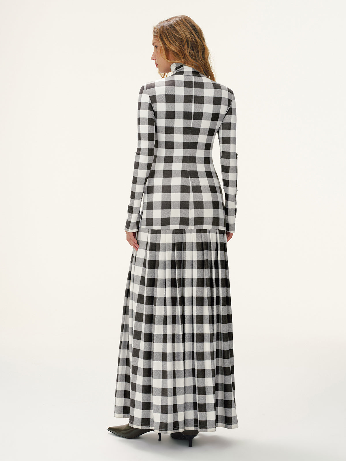 Plaid Turtleneck Long Sleeve Slit Maxi Dress-Chicvia