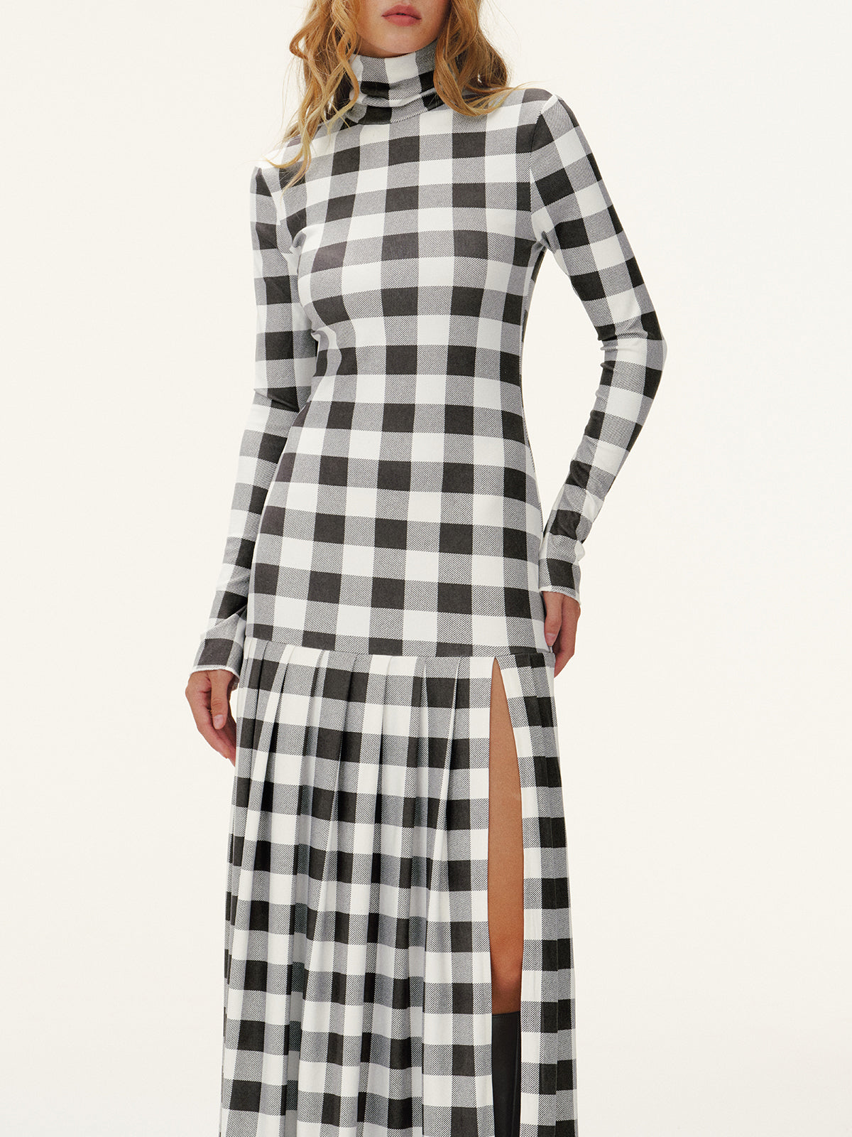 Plaid Turtleneck Long Sleeve Slit Maxi Dress-Chicvia