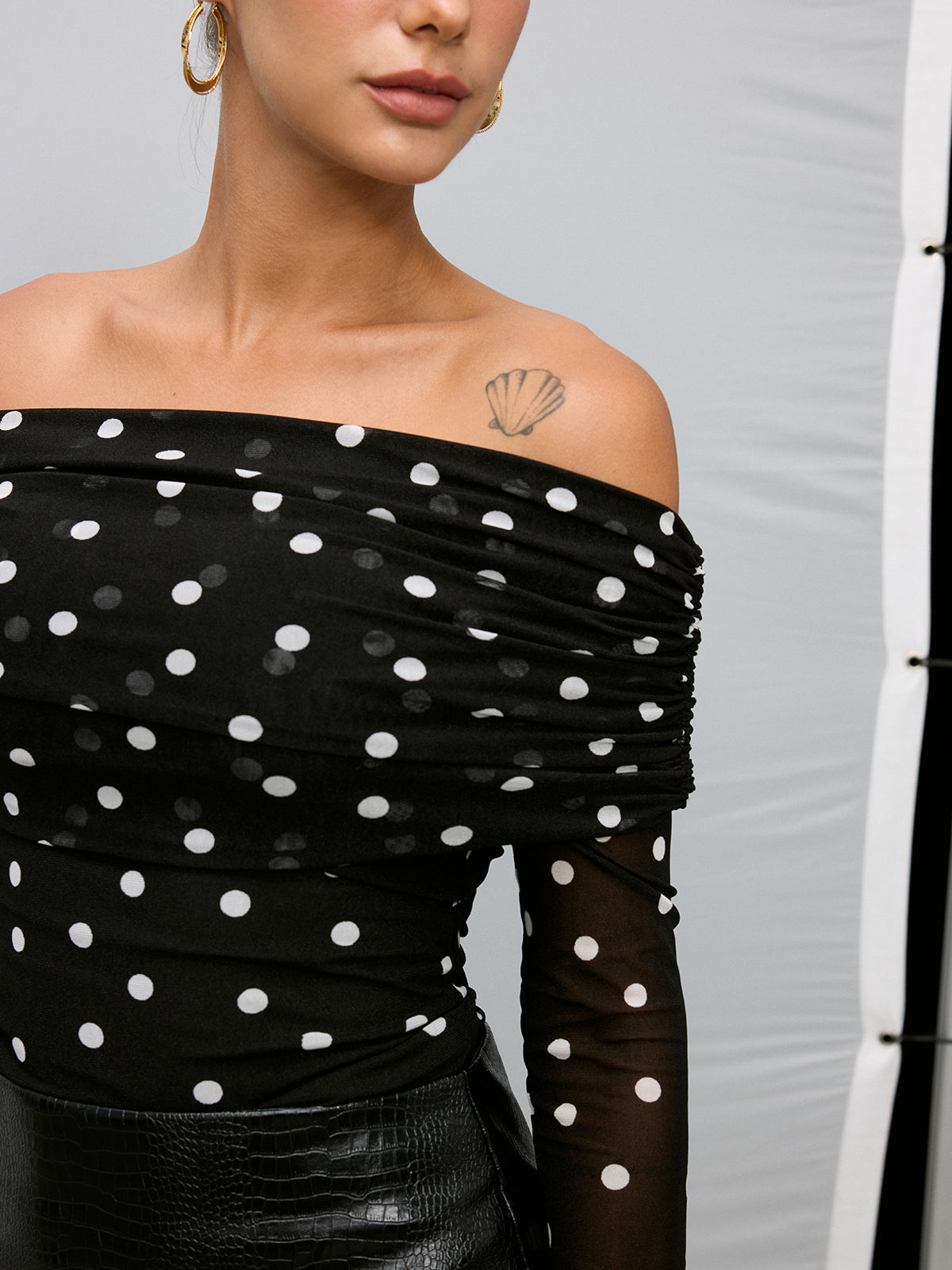 Off-Shoulder Polka Dot Chiffon Blouse-Chicvia