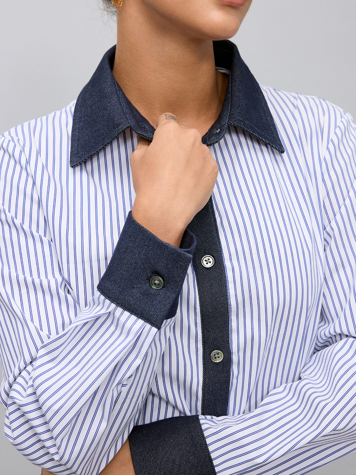 Denim Panel Striped Long-Sleeve Shirt-Chicvia