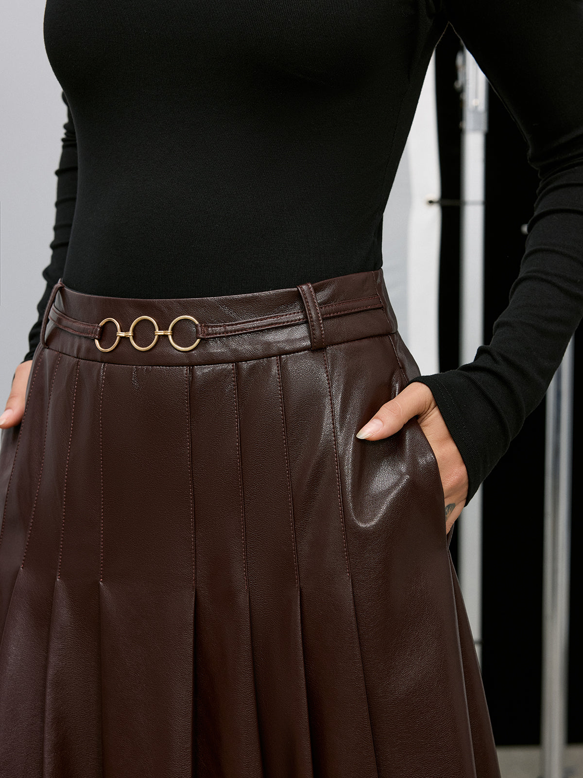 Pleated Faux Leather Maxi Skirt-Chicvia